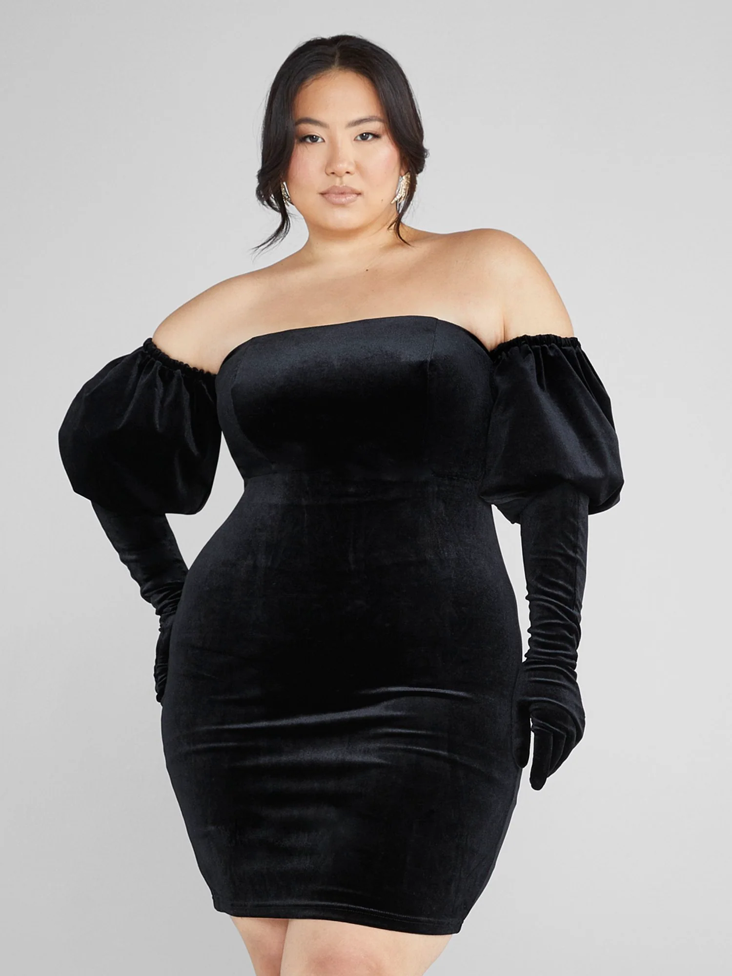 Andra Off-The-Shoulder Velvet Dress with Gloves - Image 2