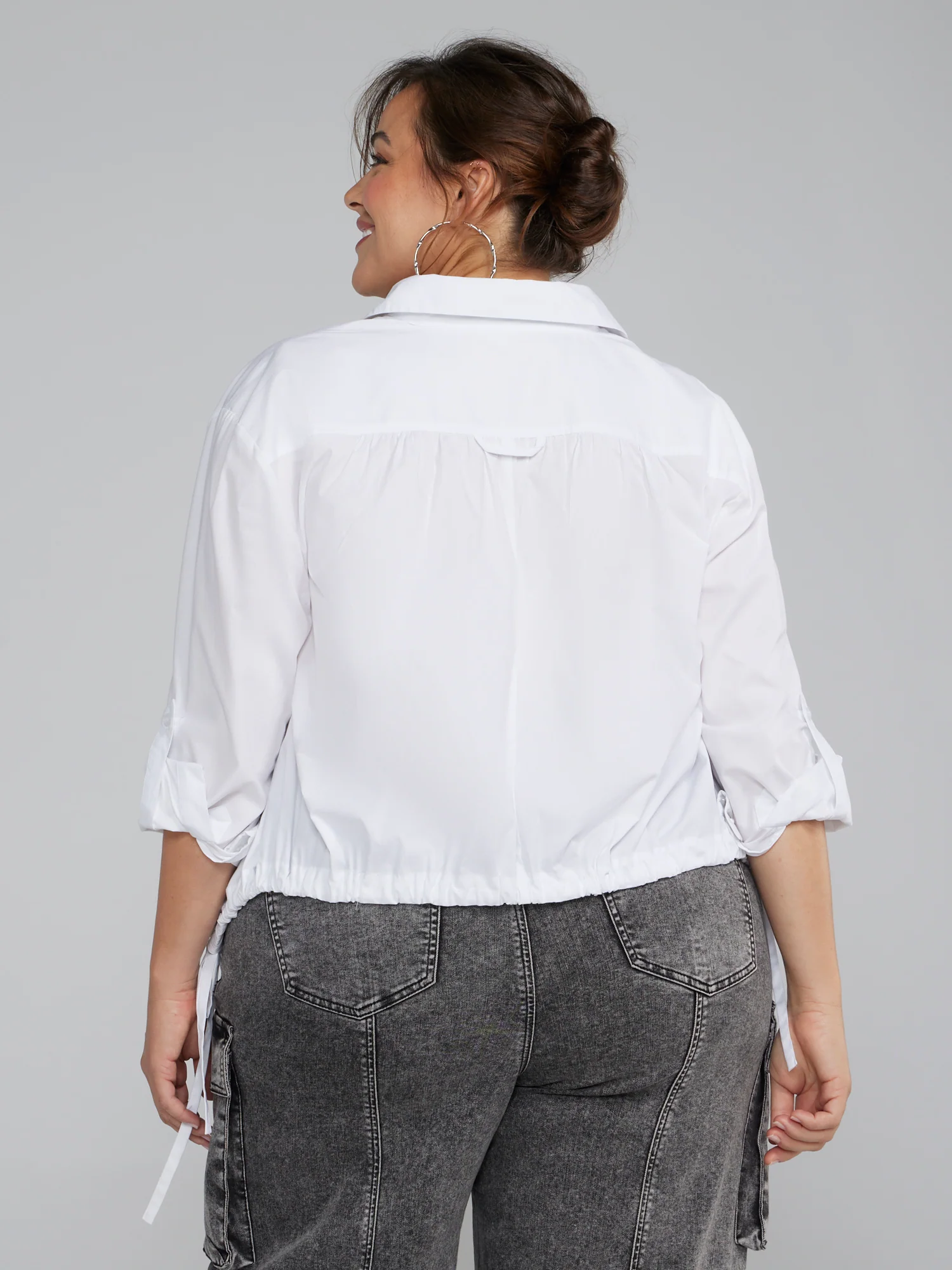 Button-Down Shirt with Curved Drawstring Hem - Image 3