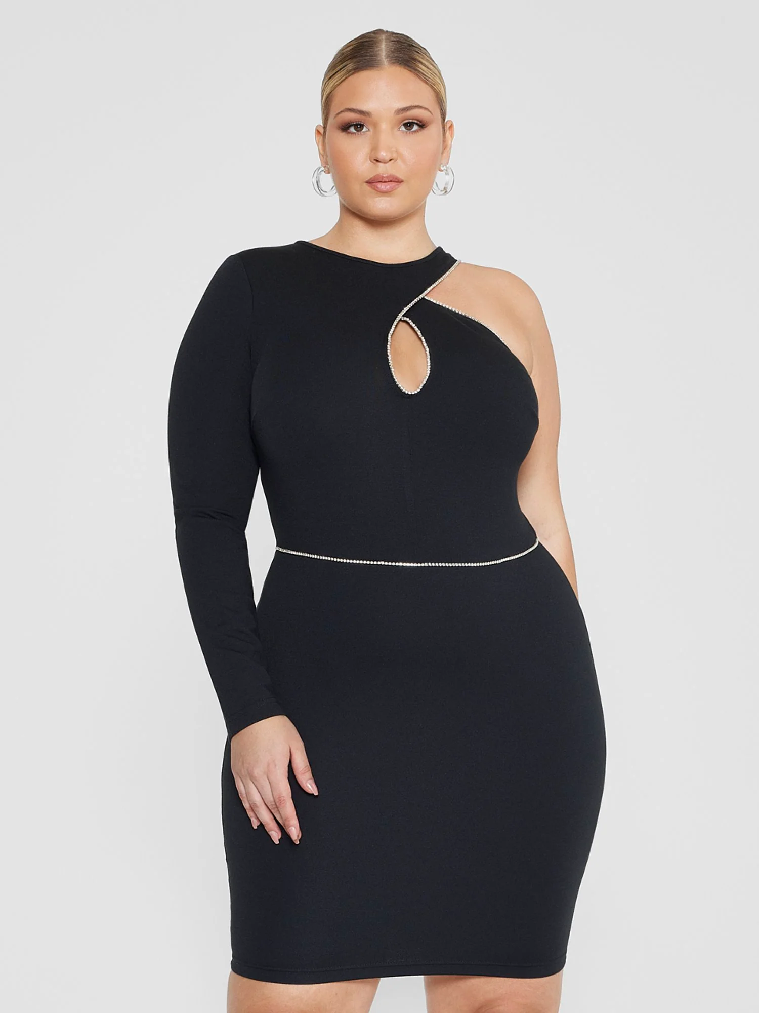 Caryn One Sleeve Rhinestone Trim Bodycon Dress - Image 2