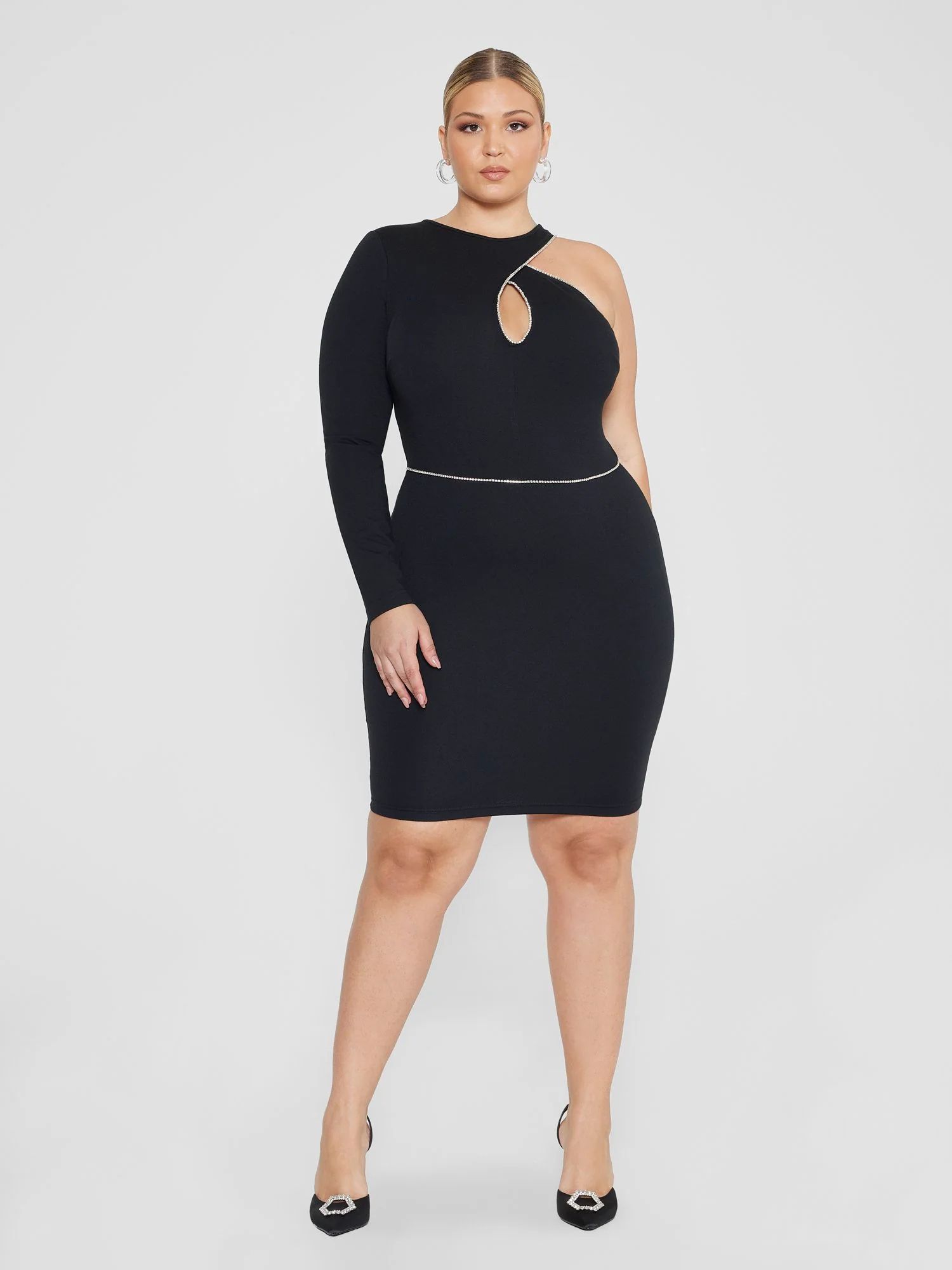 Caryn One Sleeve Rhinestone Trim Bodycon Dress - Image 5