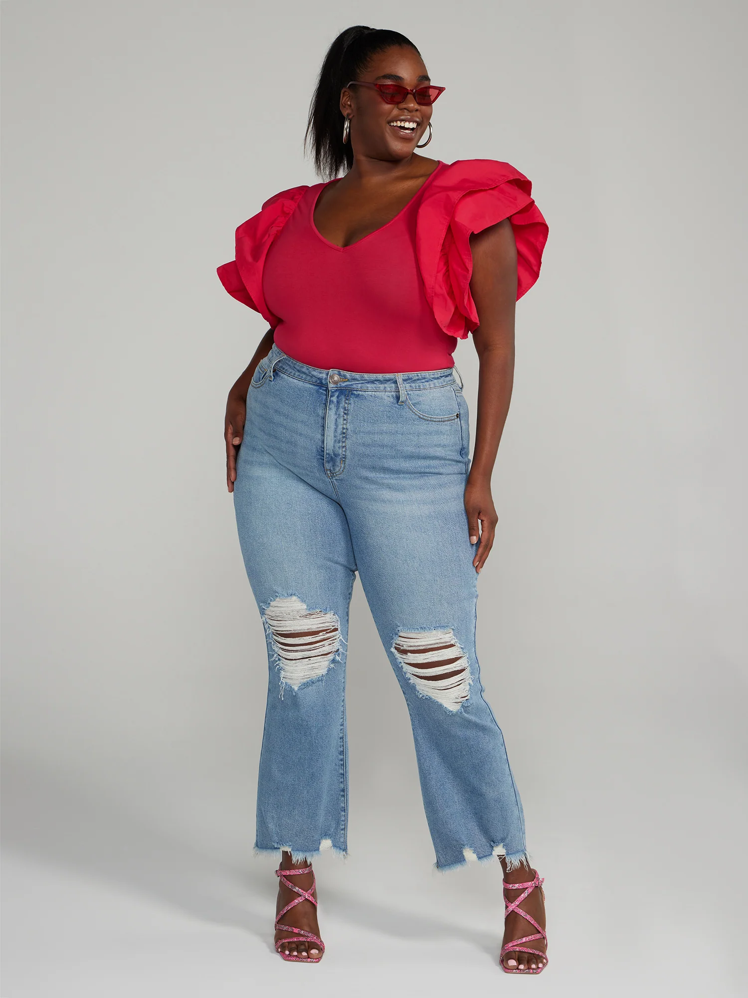 High Rise Destructed Flare Jeans - Short Inseam - Image 4