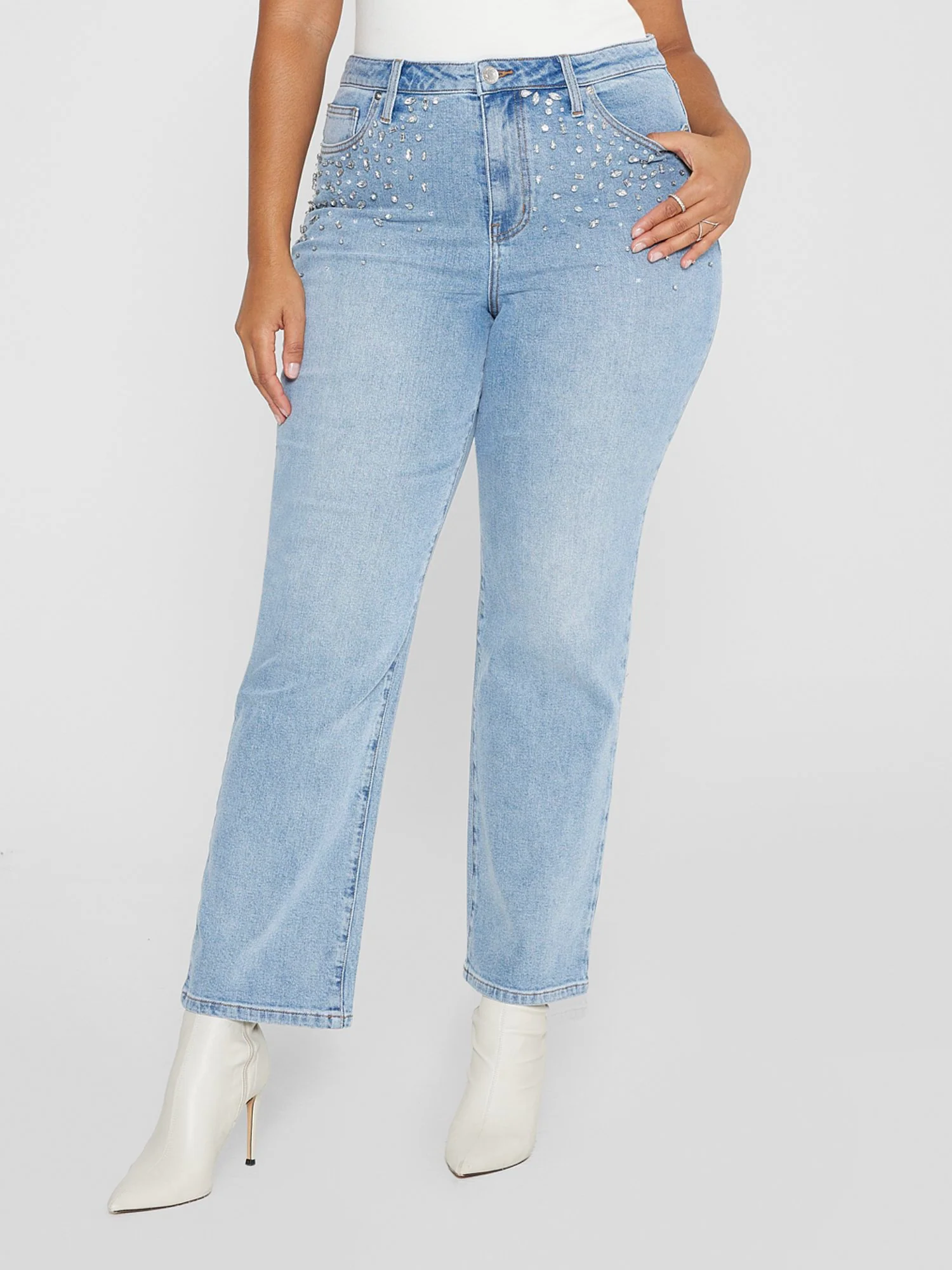 High Rise Rhinestone Detail Straight Leg Jeans - Image 2