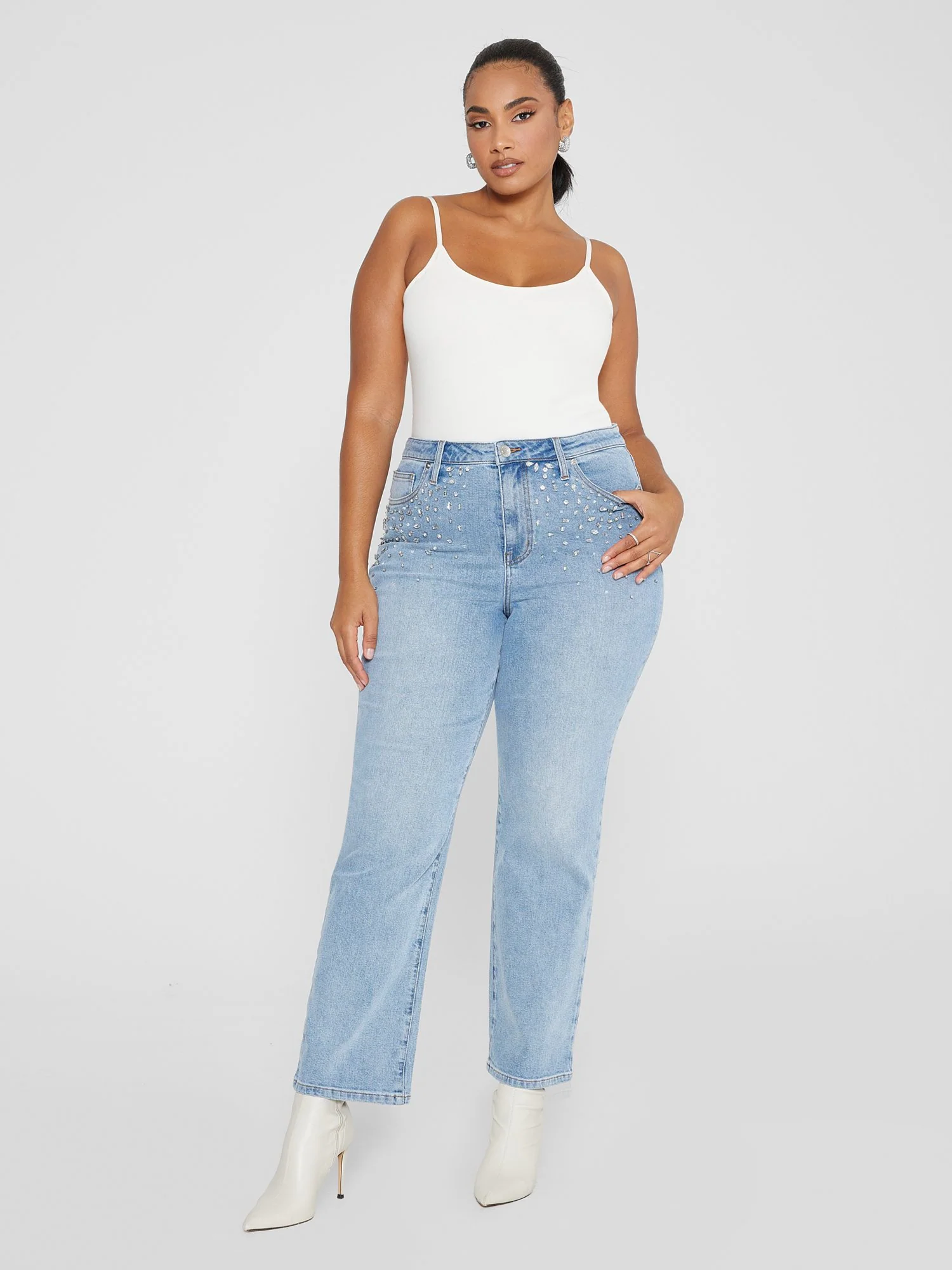 High Rise Rhinestone Detail Straight Leg Jeans - Image 3
