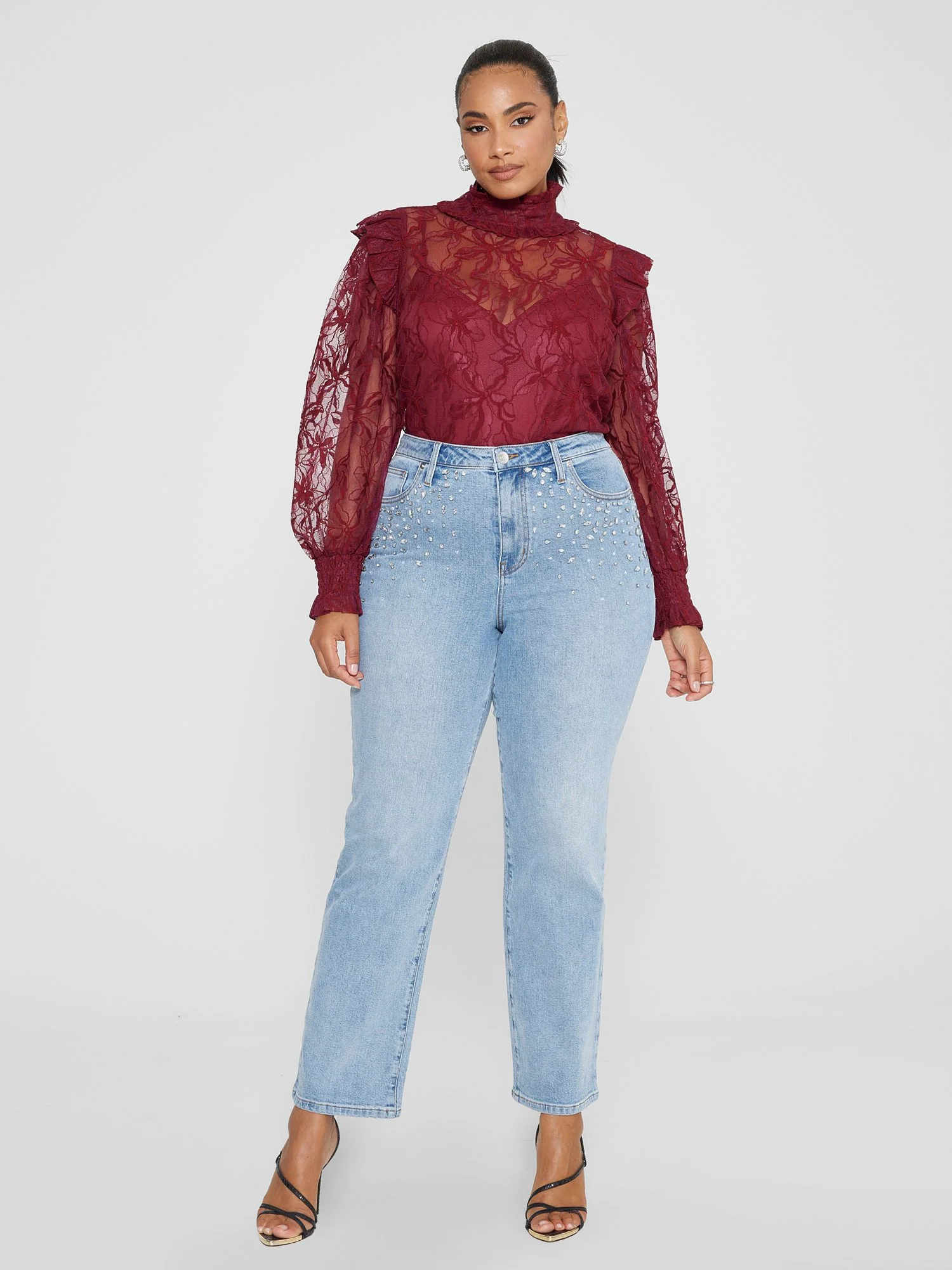 High Rise Rhinestone Detail Straight Leg Jeans - Image 5
