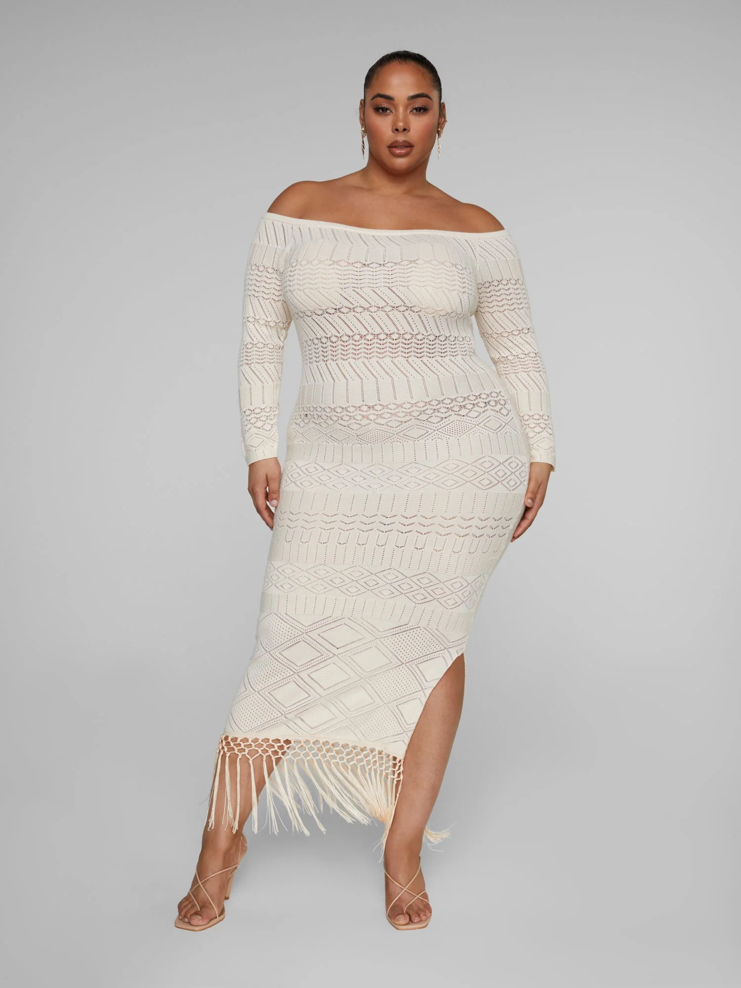 Latonya Off-The-Shoulder Fringe Detail Crochet Dress - Image 2