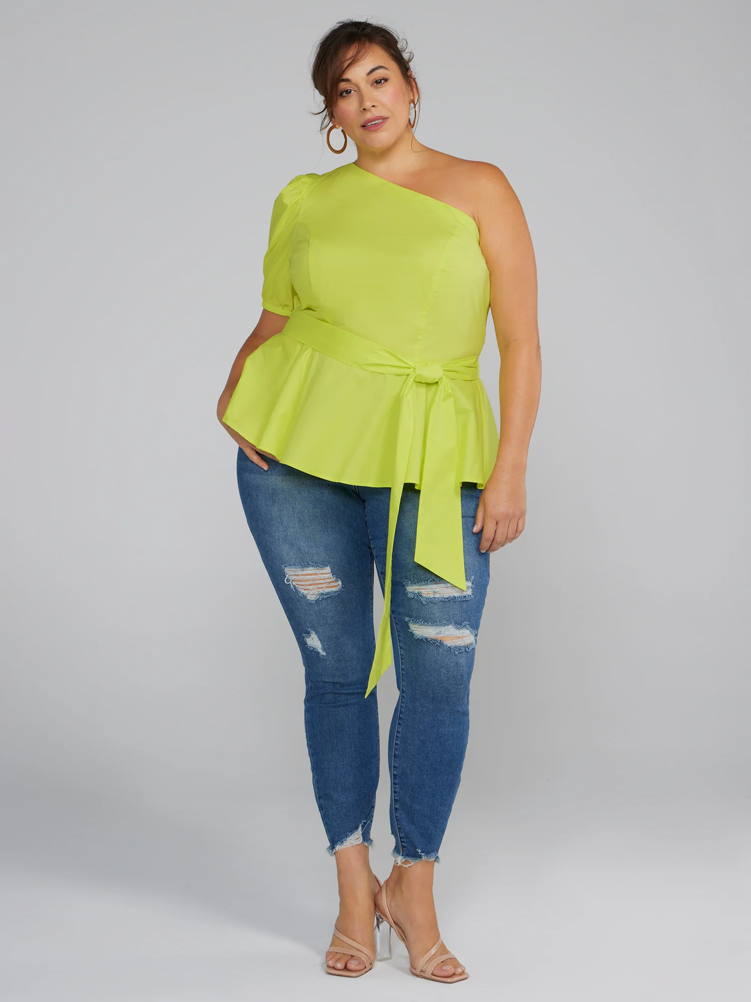 One Shoulder Tie-Waist Peplum Shirt - Image 4