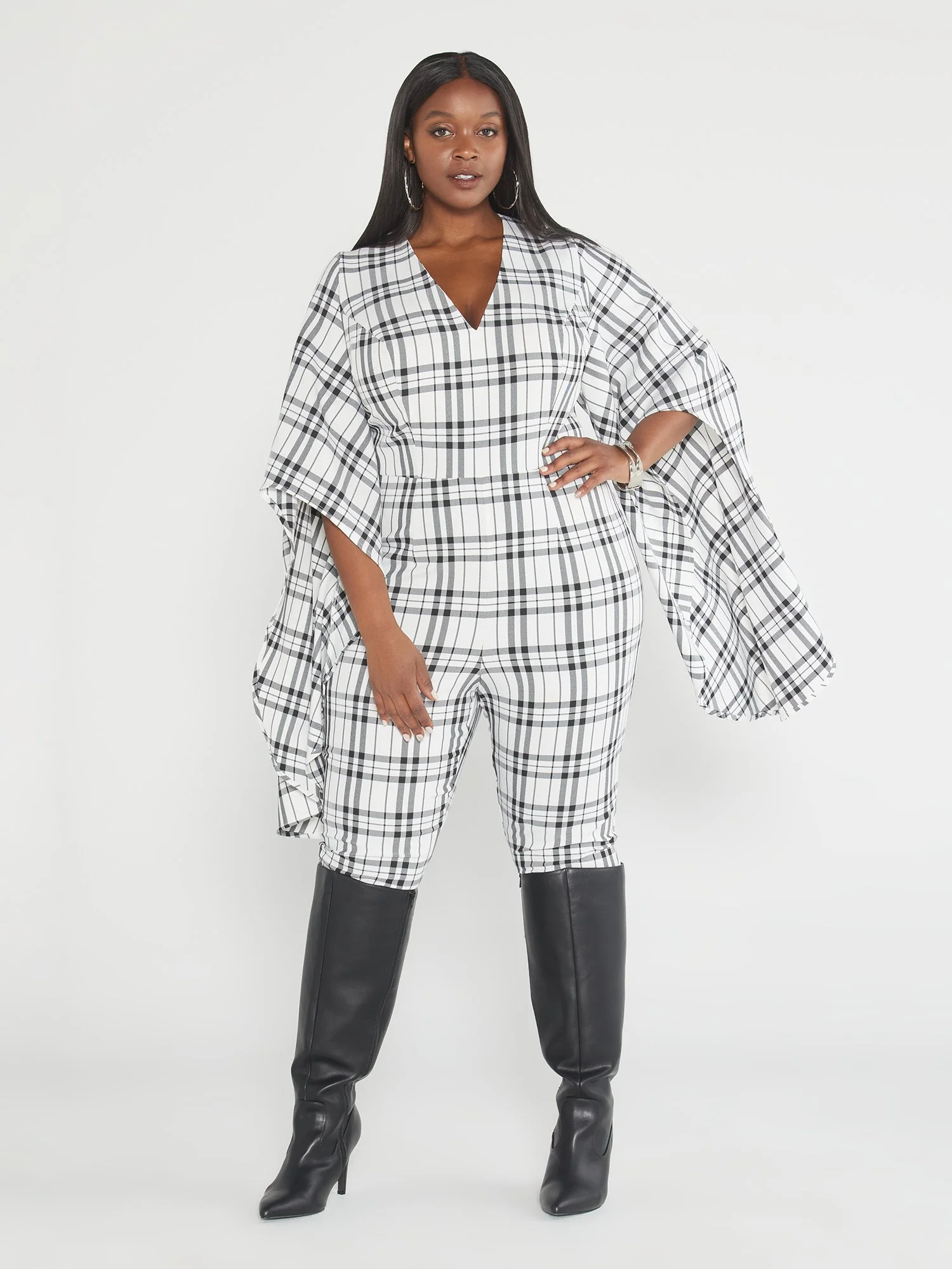 Pilar Batwing Sleeve Plaid Jumpsuit