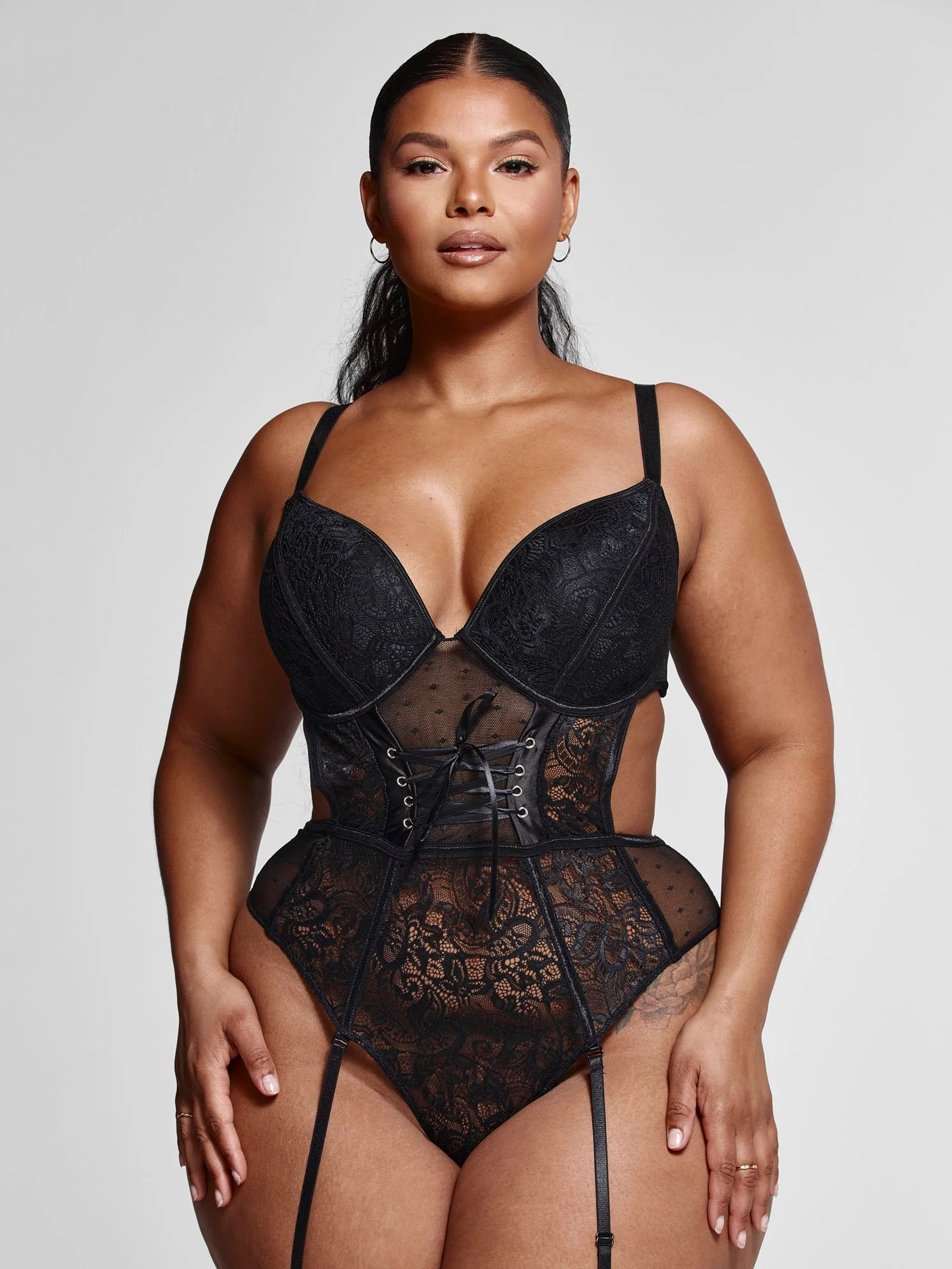 Angelina Corset Detail Lace Bodysuit with Garter Belt & Stockings - Image 4