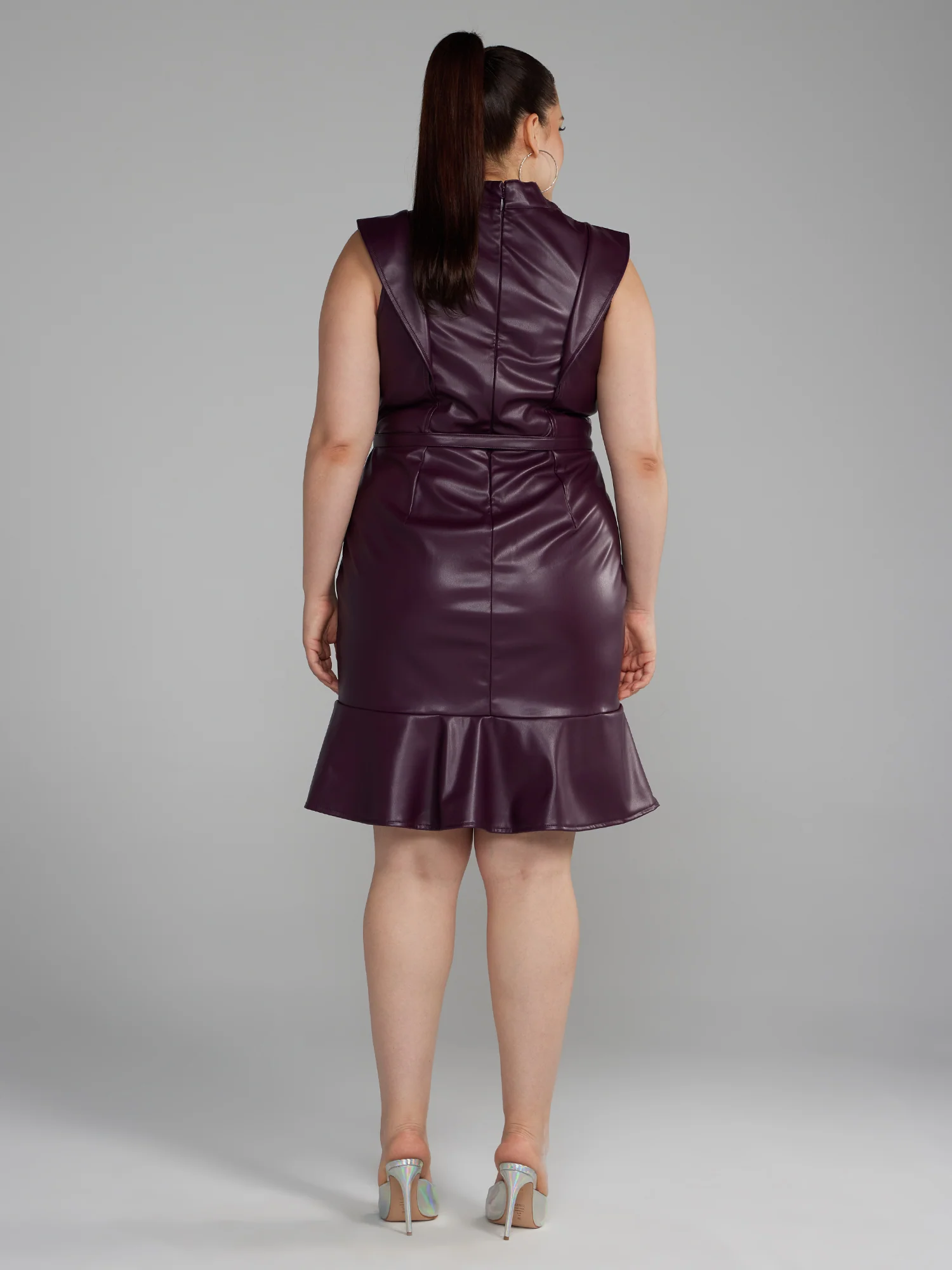 Belted Faux Leather Ruffle Detail Dress - Image 3