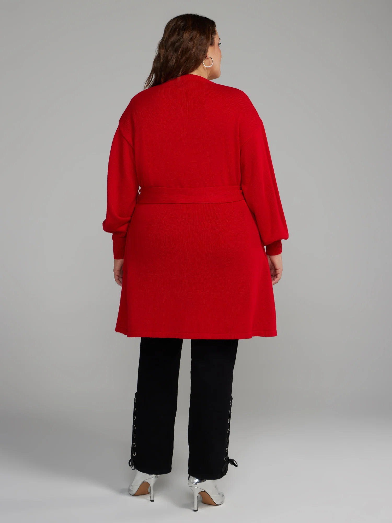 Belted Long Cardigan with Lantern Sleeves - Image 3