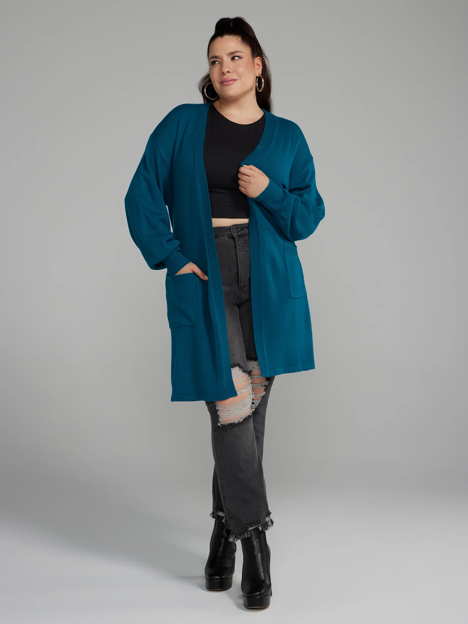 Belted Long Cardigan with Lantern Sleeves - Image 5