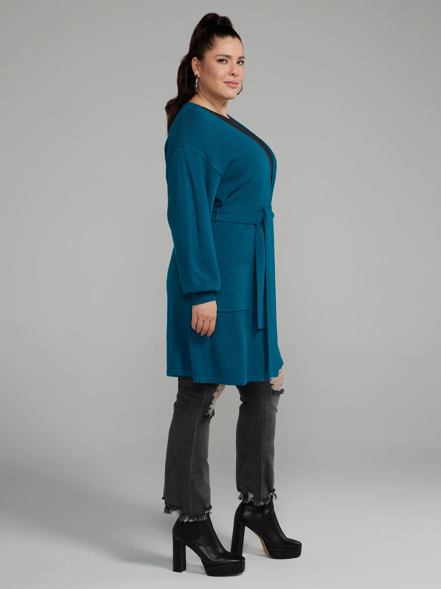 Belted Long Cardigan with Lantern Sleeves - Image 6