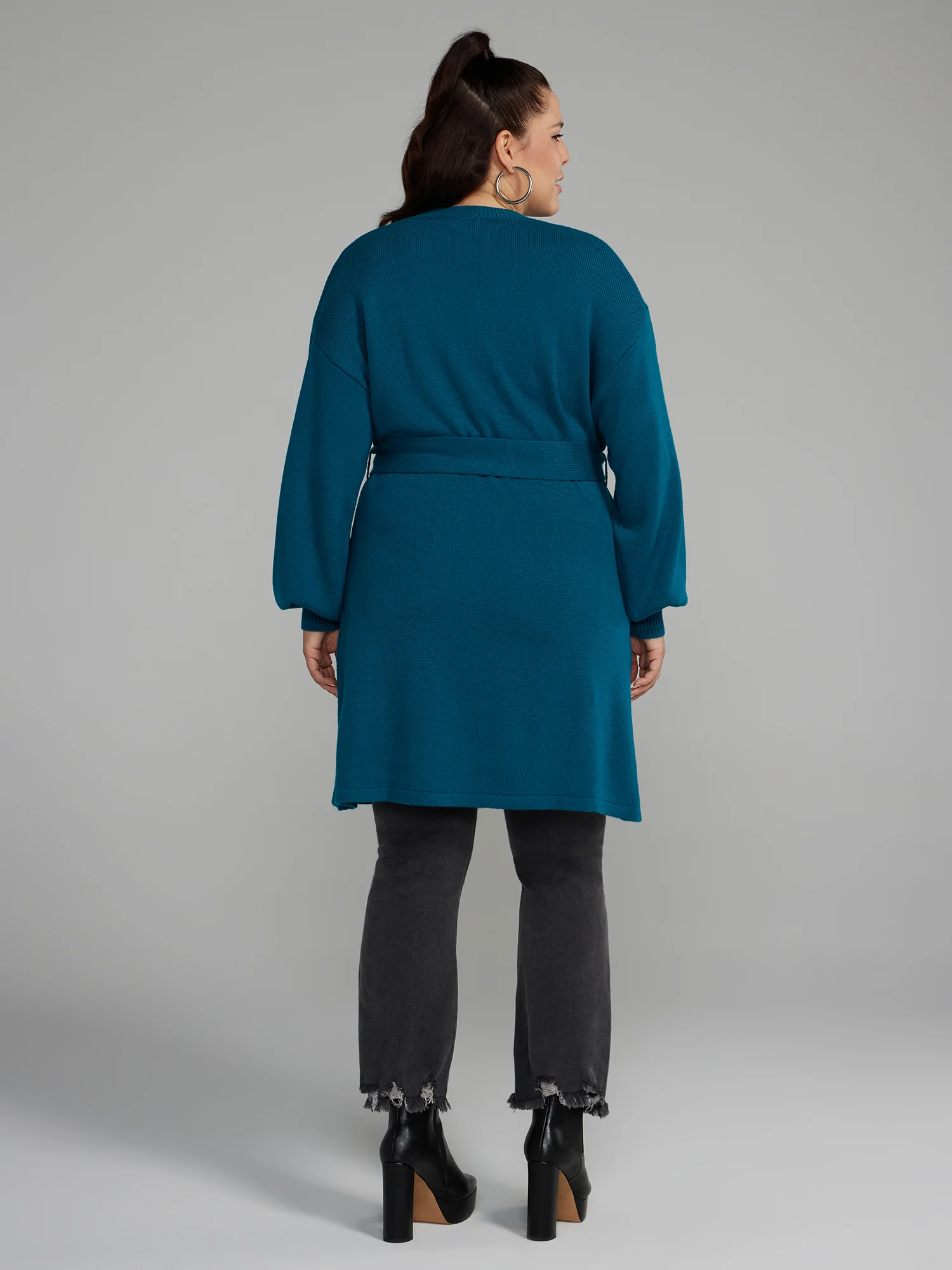 Belted Long Cardigan with Lantern Sleeves - Image 7