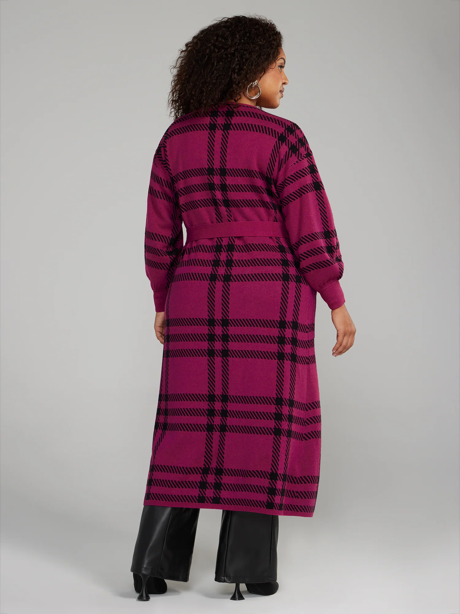 Belted Plaid Long Cardigan - Image 3