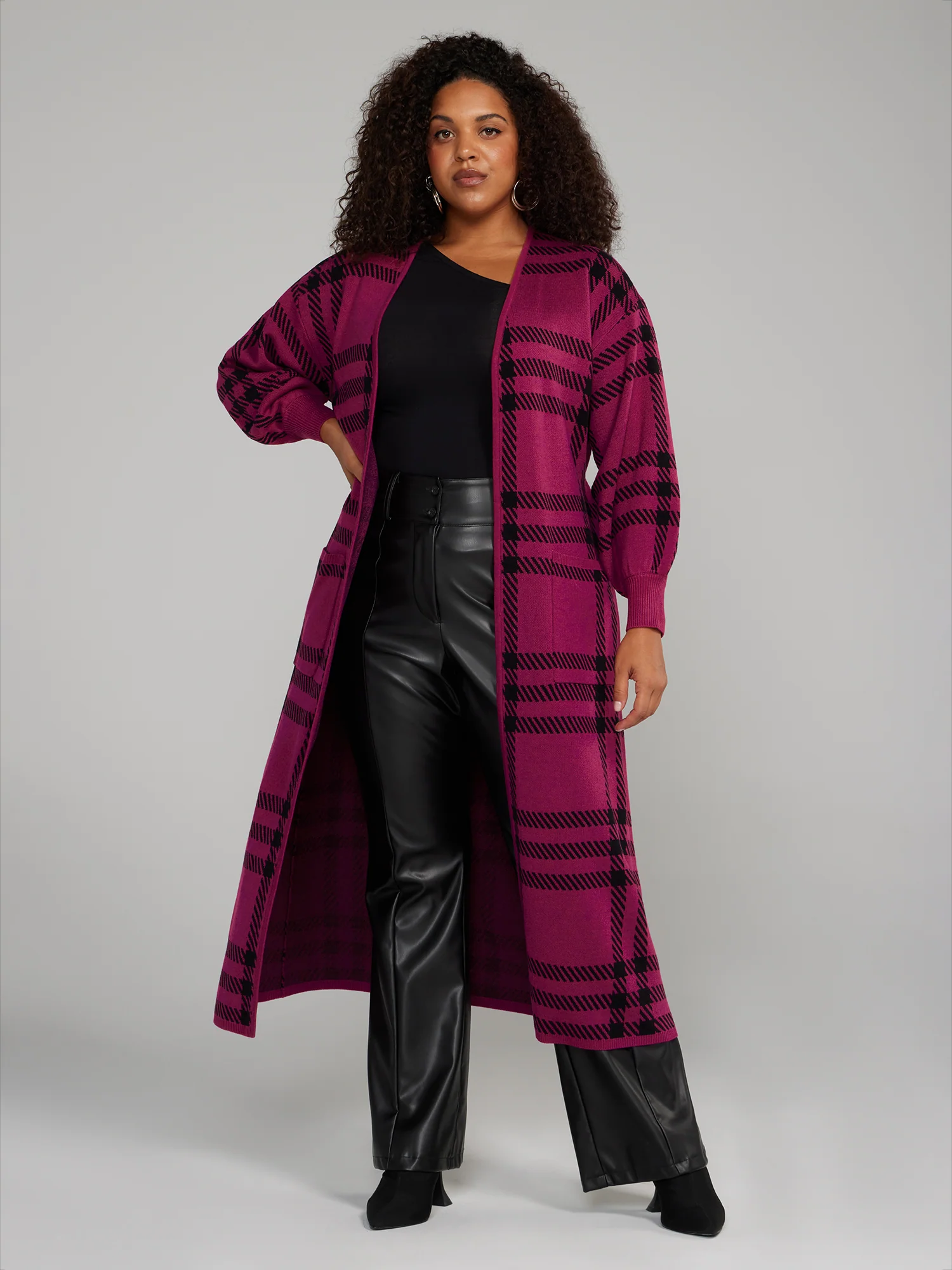 Belted Plaid Long Cardigan - Image 4