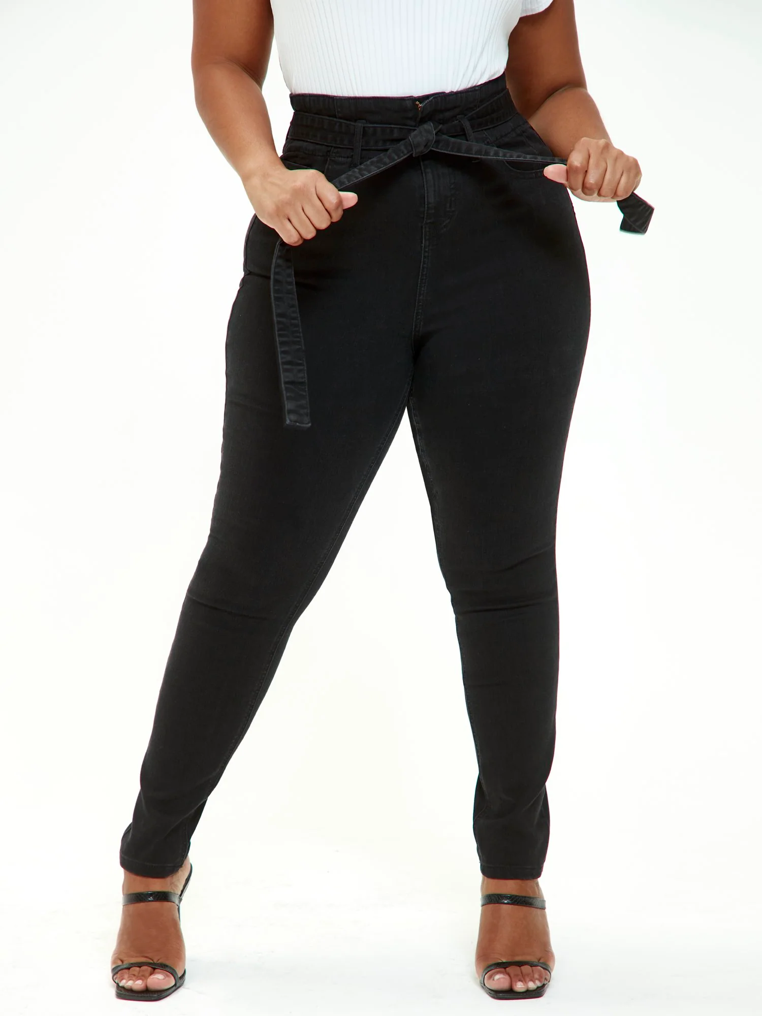 Black Ultra High Rise Self Tie Skinny Jeans - Short Inseam - Image 2