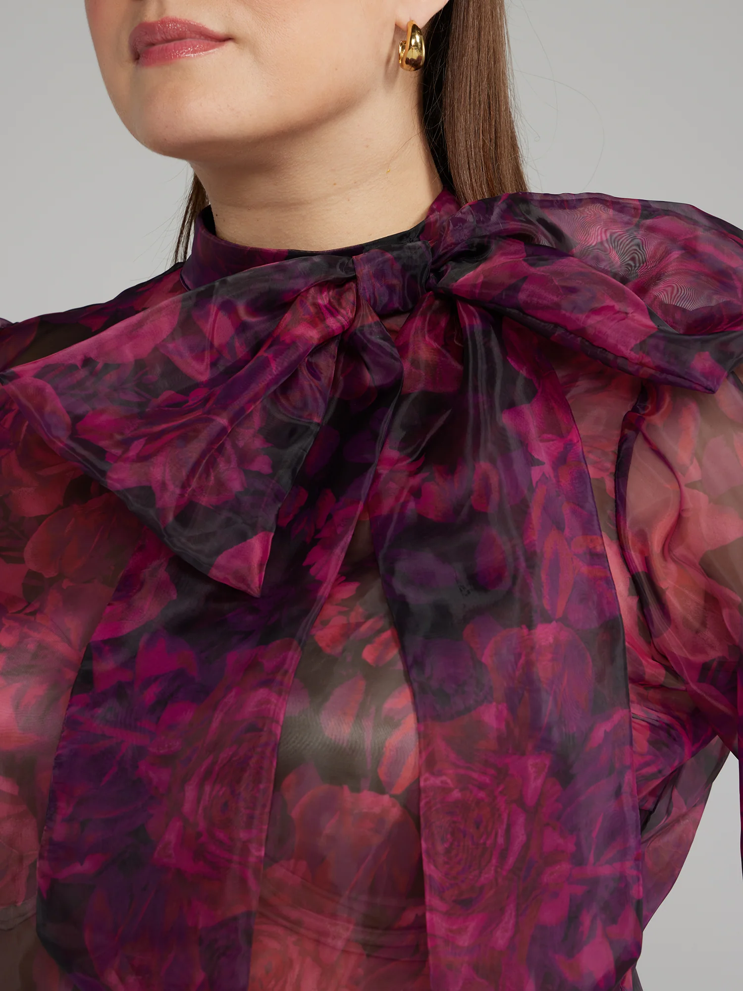 Bow Detail Floral Print Sheer Blouse - Image 4