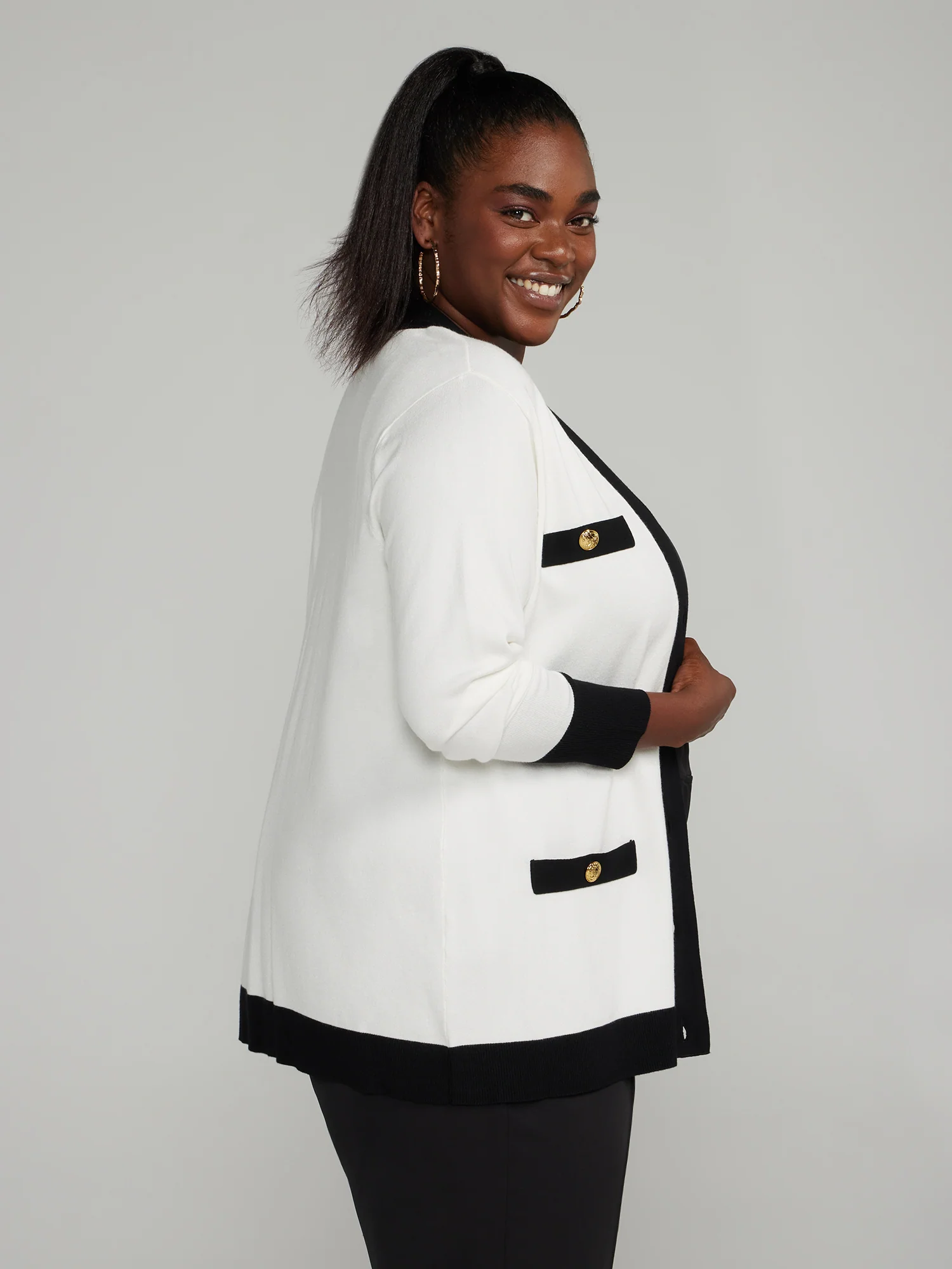 Button-Front Piped Cardigan - Image 2