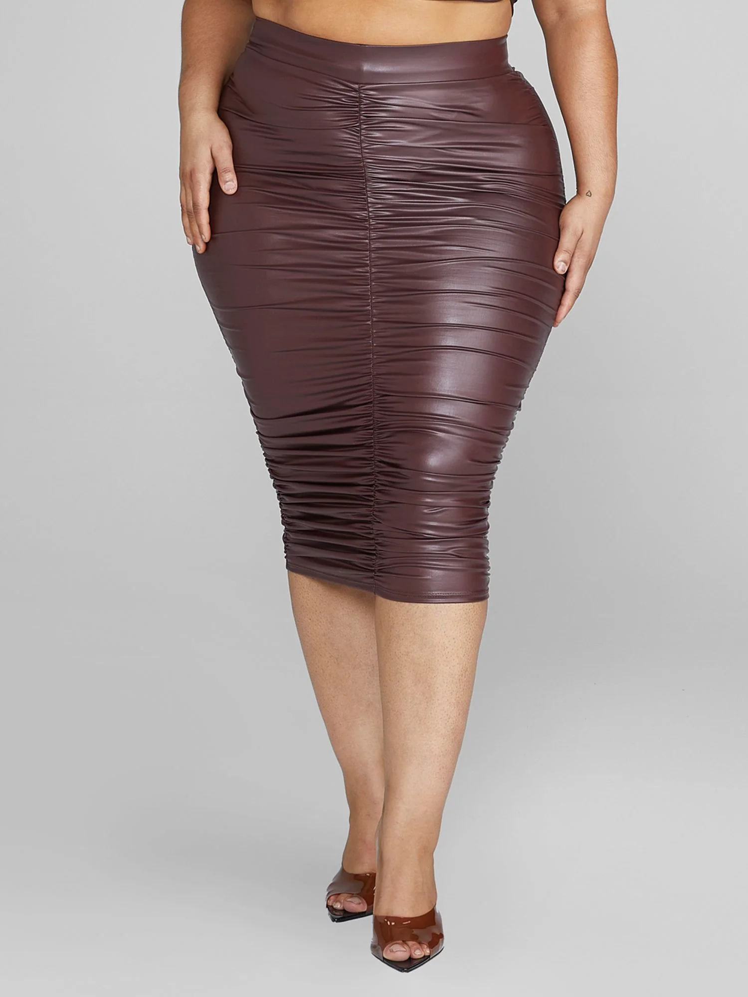 Chantel Leather Look Ruched Midi Skirt - Image 2