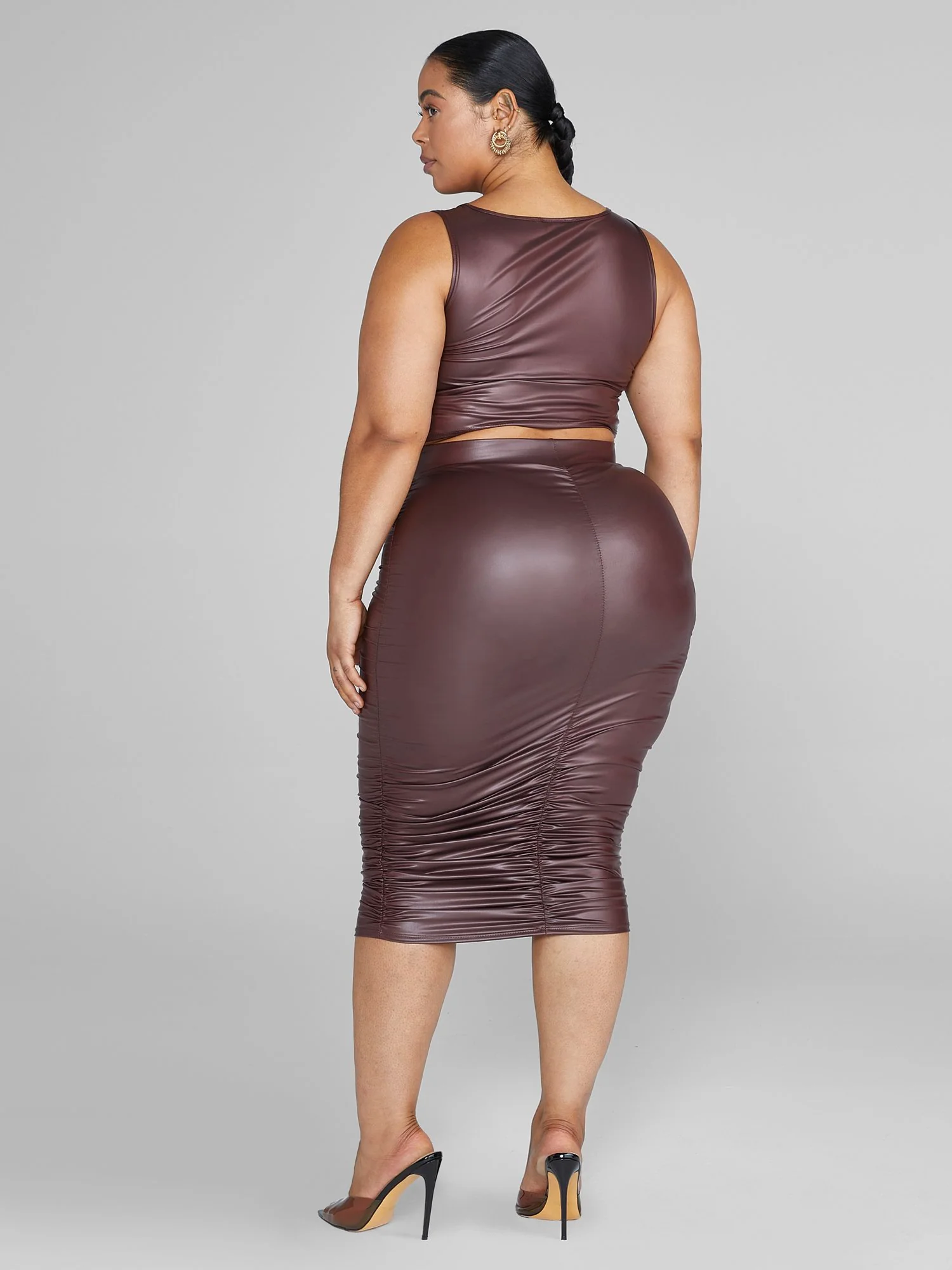 Chantel Leather Look Ruched Midi Skirt - Image 4