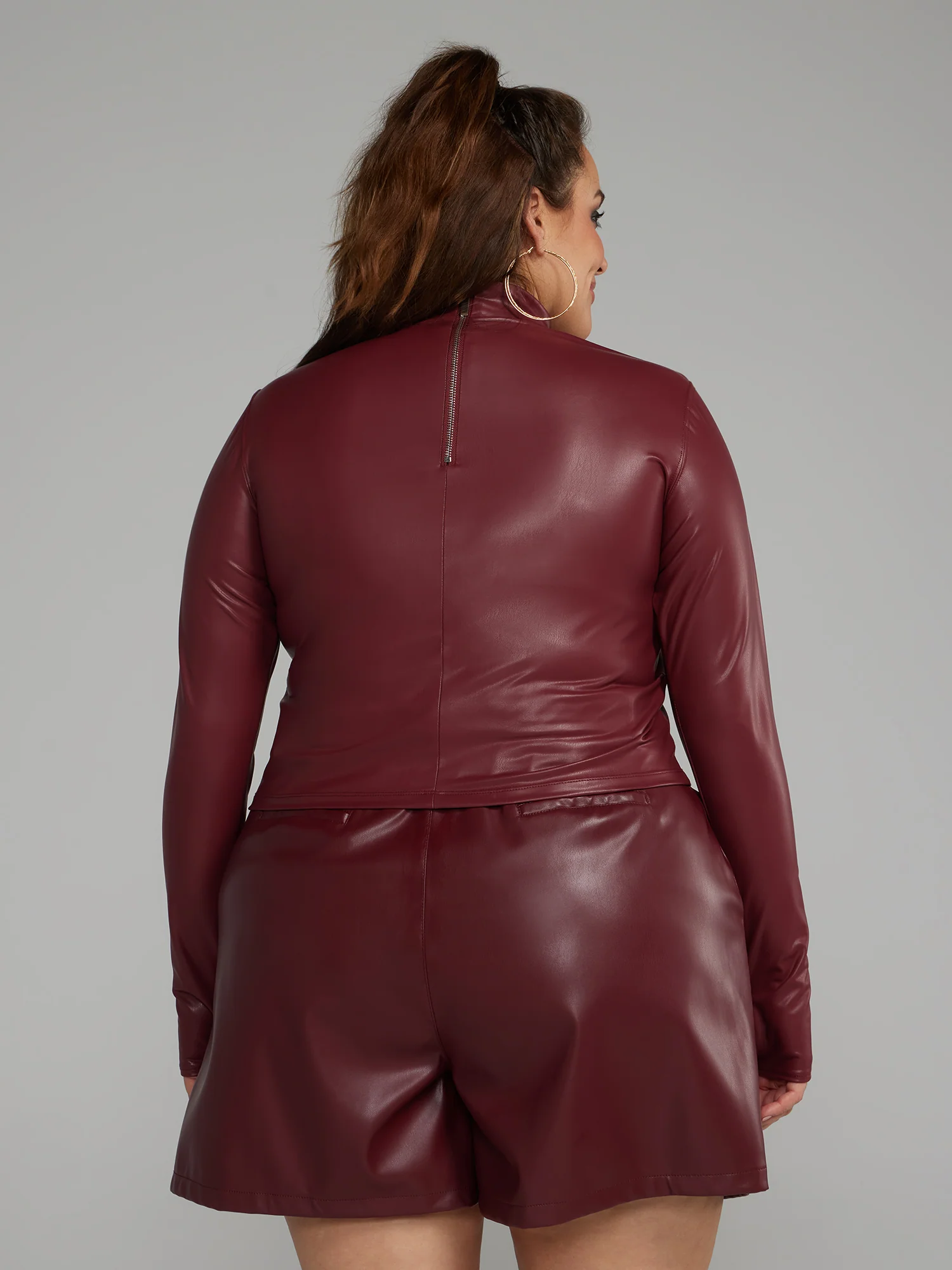 Coated Texture Faux Leather Mockneck Top - Image 3