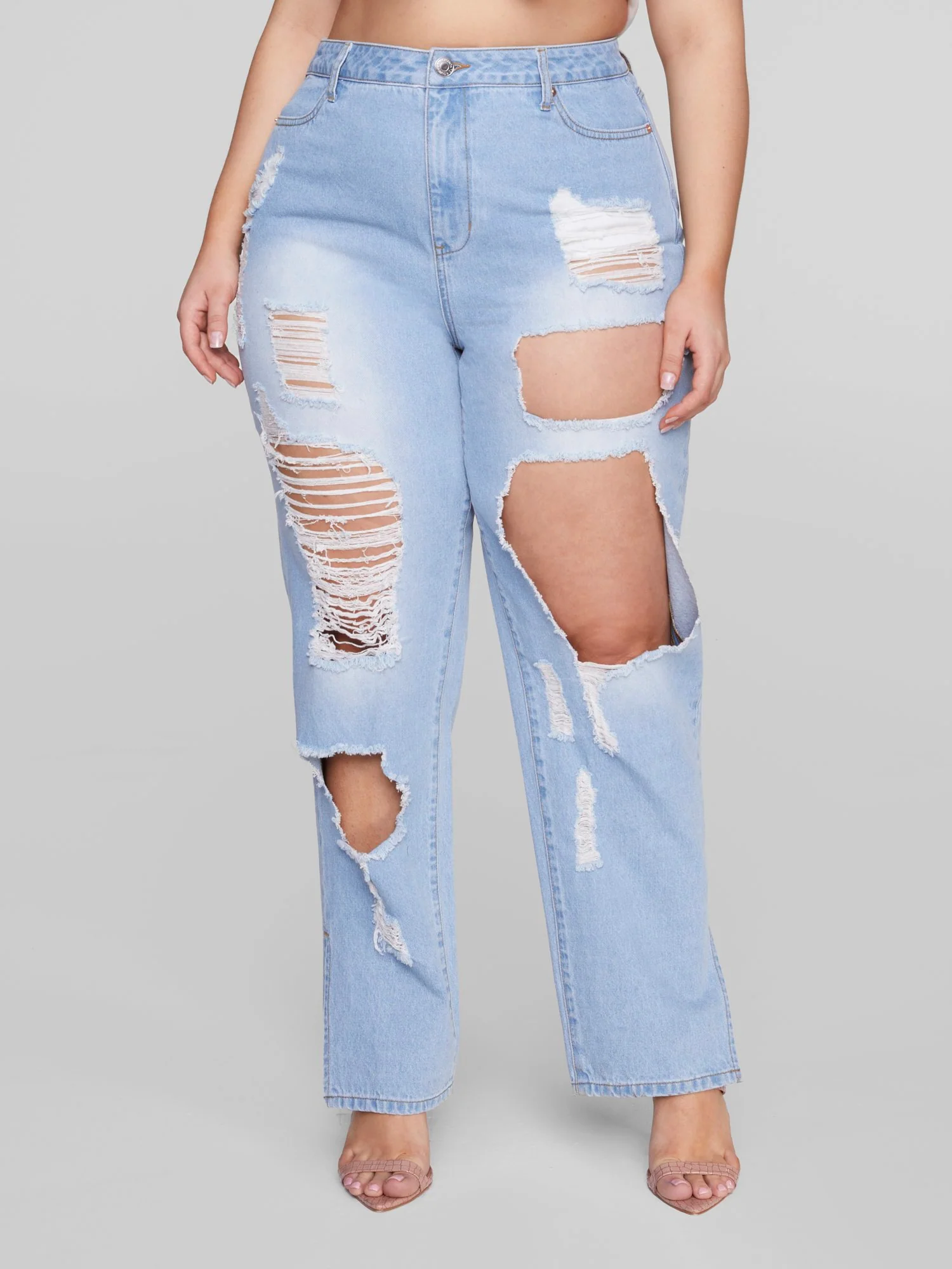 Destructed Light Wash Straight Leg Jeans - Image 2