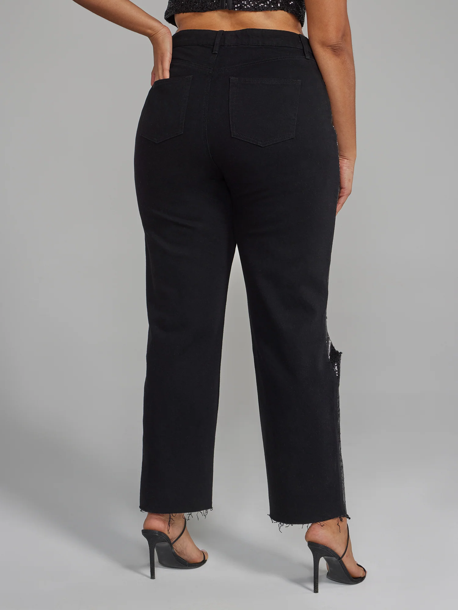 Distressed Straight Leg Jeans with Sequin Details - Image 3