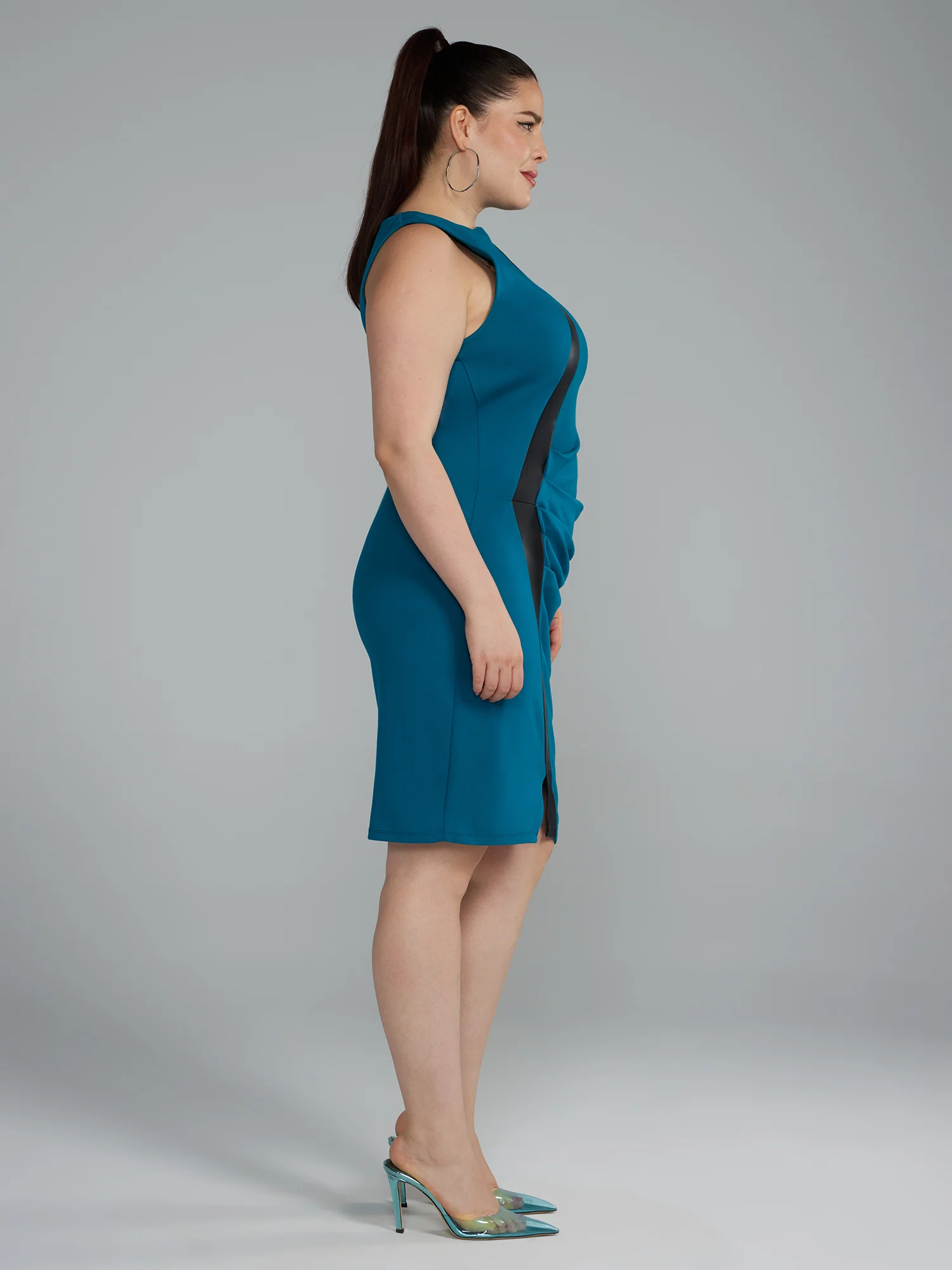 Faux Leather Detail Ruched Ponte Knit Dress - Image 6