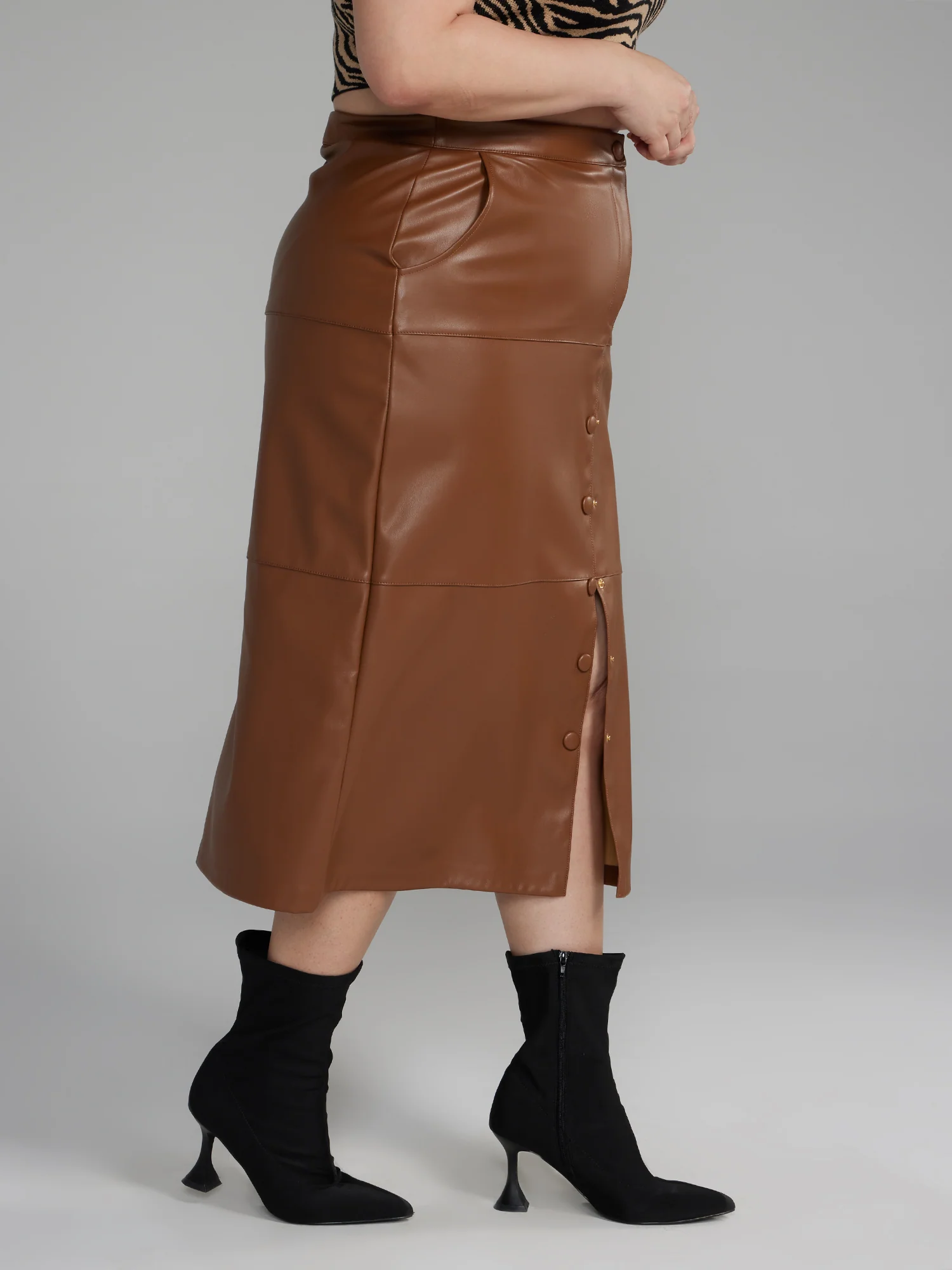 Faux Leather Front Slit Midi Skirt - Image 2