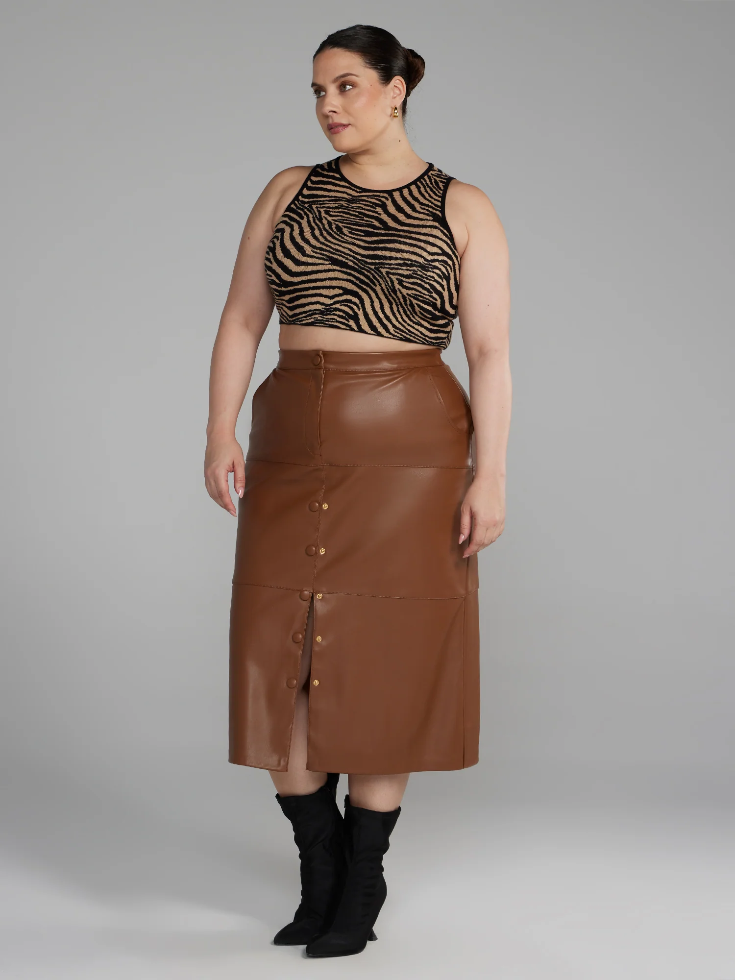 Faux Leather Front Slit Midi Skirt - Image 4
