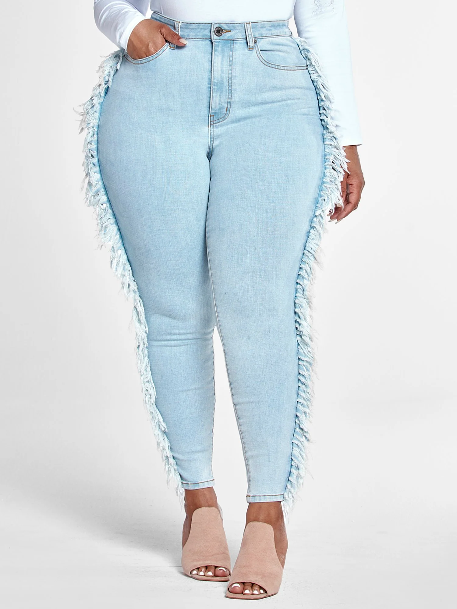 High Rise Ankle Length Skinny Jeans with Side Fringe - Image 2