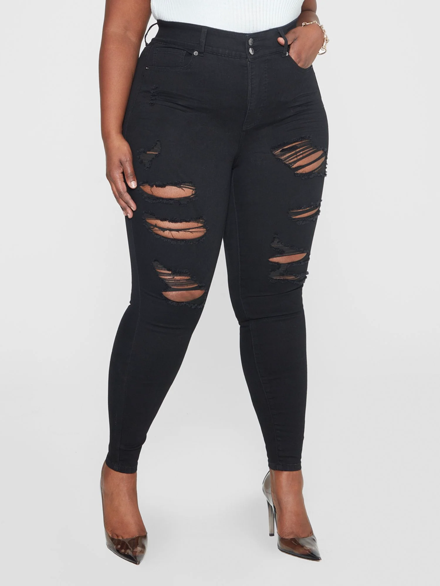High Rise Comfort Stretch Destructed Jeggings in Black - Short Inseam - Image 2
