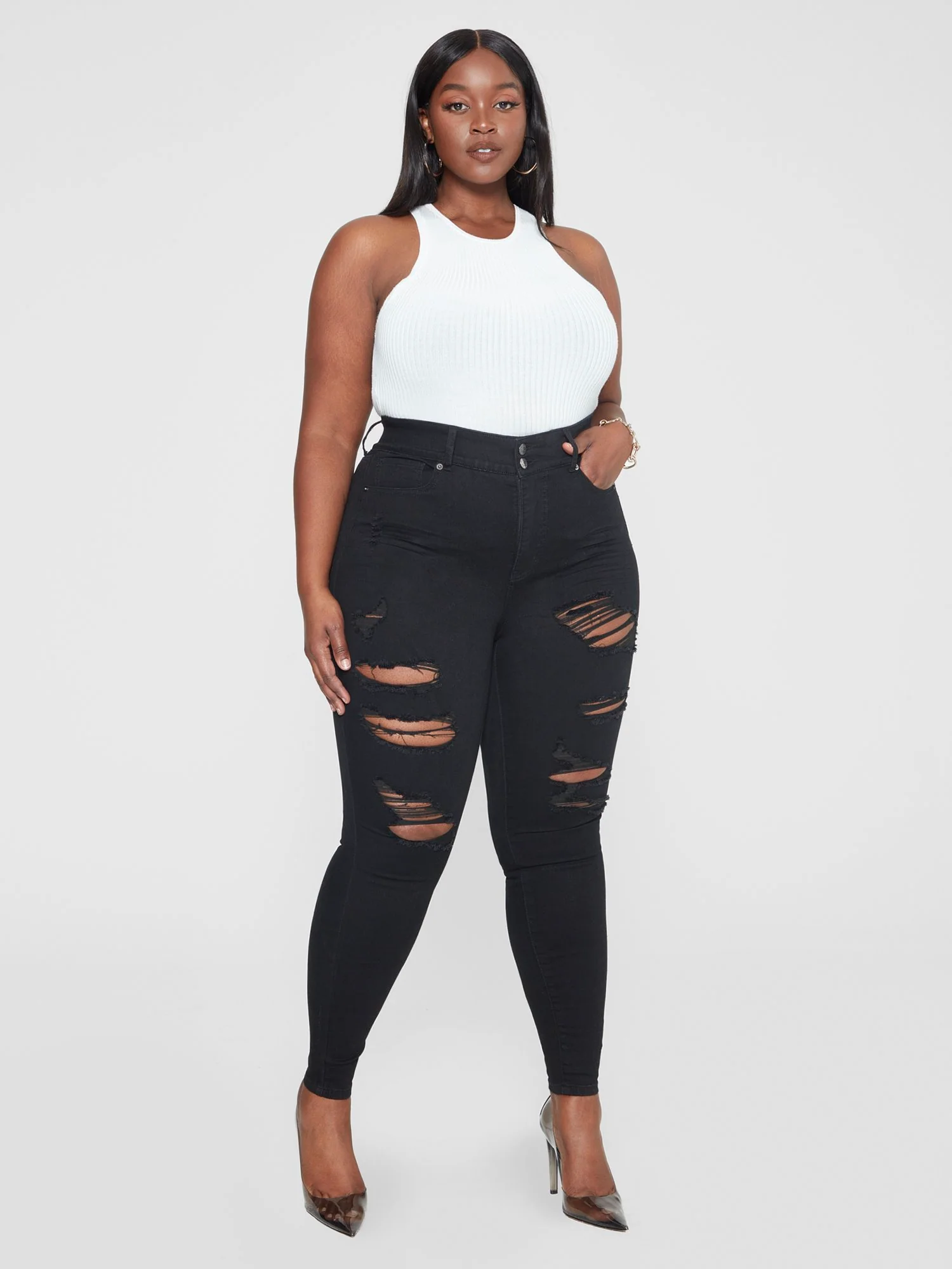 High Rise Comfort Stretch Destructed Jeggings in Black - Short Inseam - Image 3