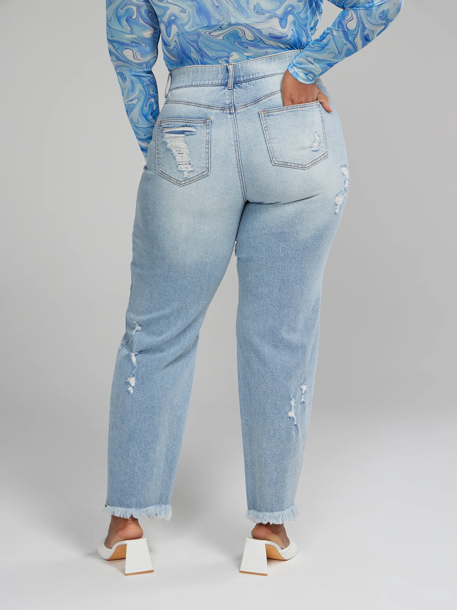 High Rise Curvy Fit Destructed Straight Leg Jeans - Short Inseam - Image 2