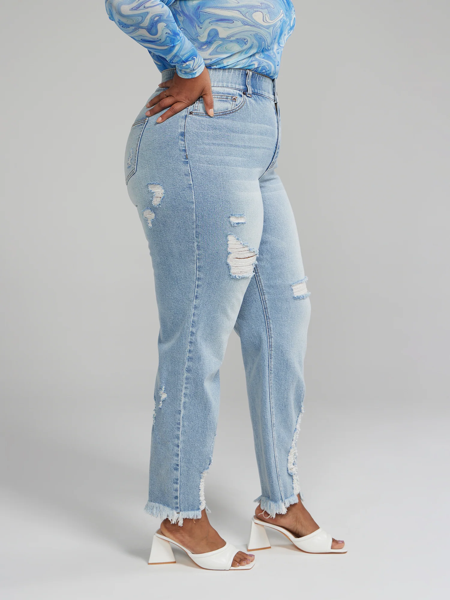 High Rise Curvy Fit Destructed Straight Leg Jeans - Short Inseam - Image 3