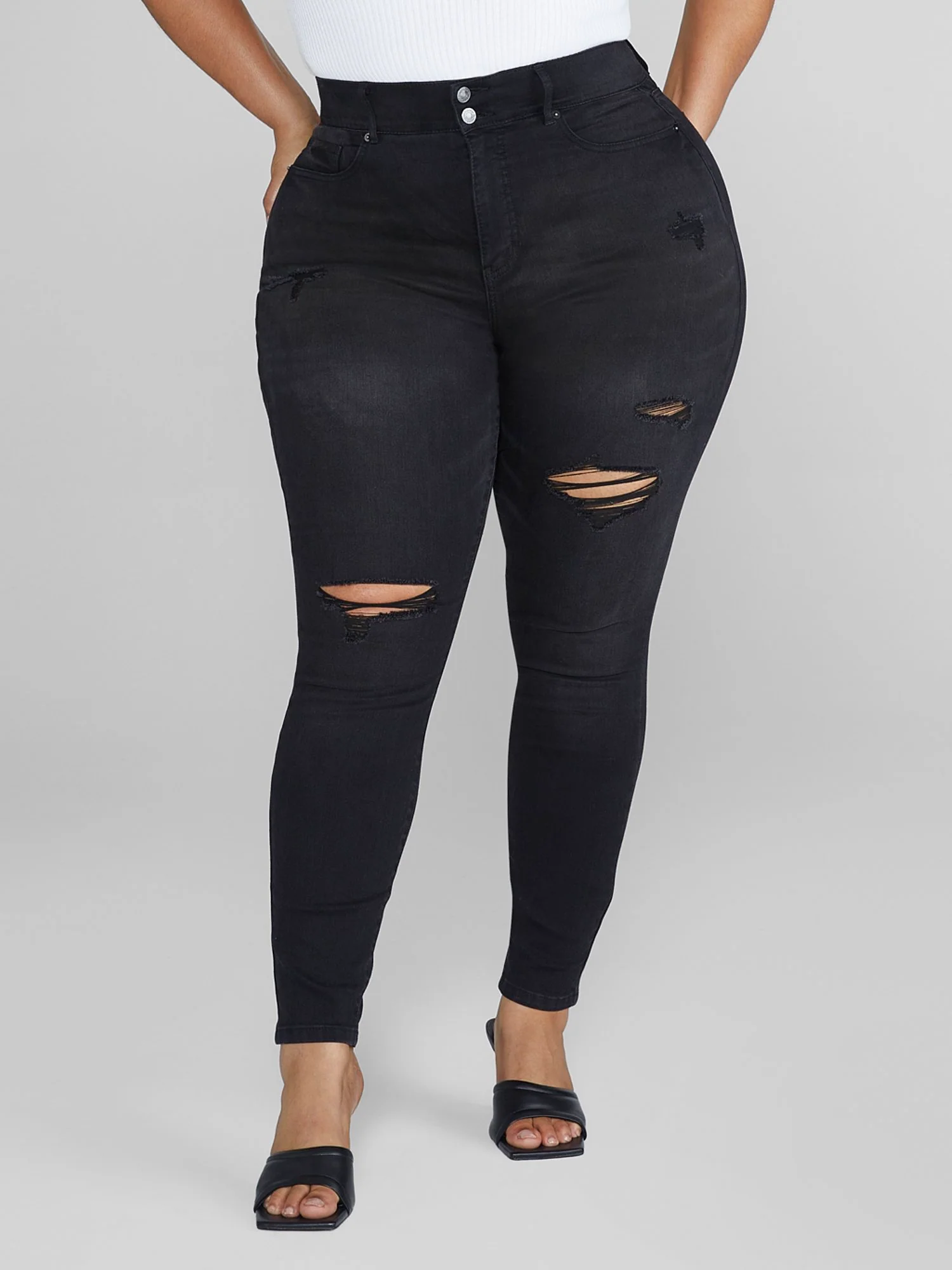 High Rise Curvy Fit Skinny Jeans in Black - Short Inseam - Image 2
