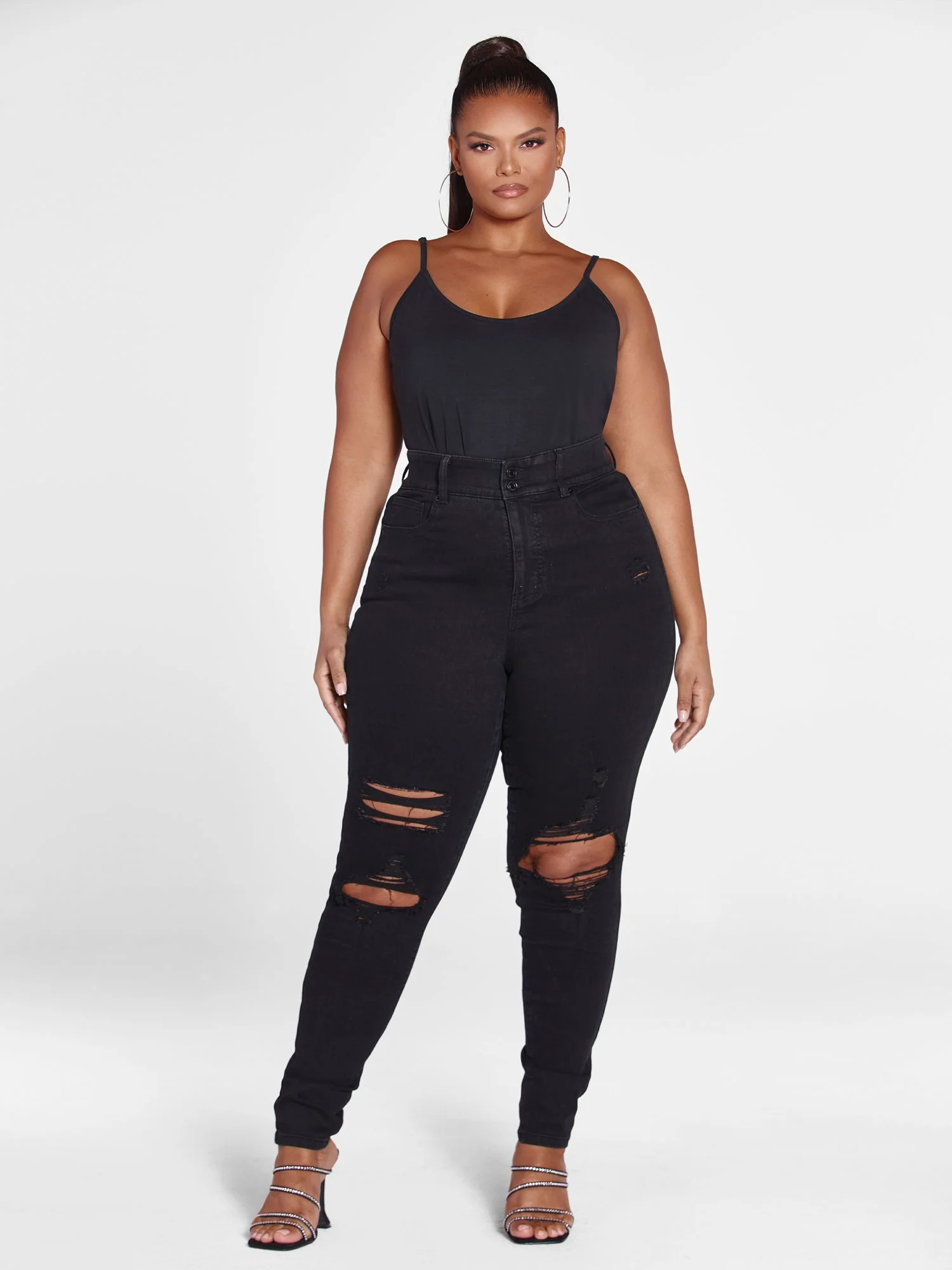 High Rise Curvy Fit Skinny Jeans with Blowout Knees - Image 3