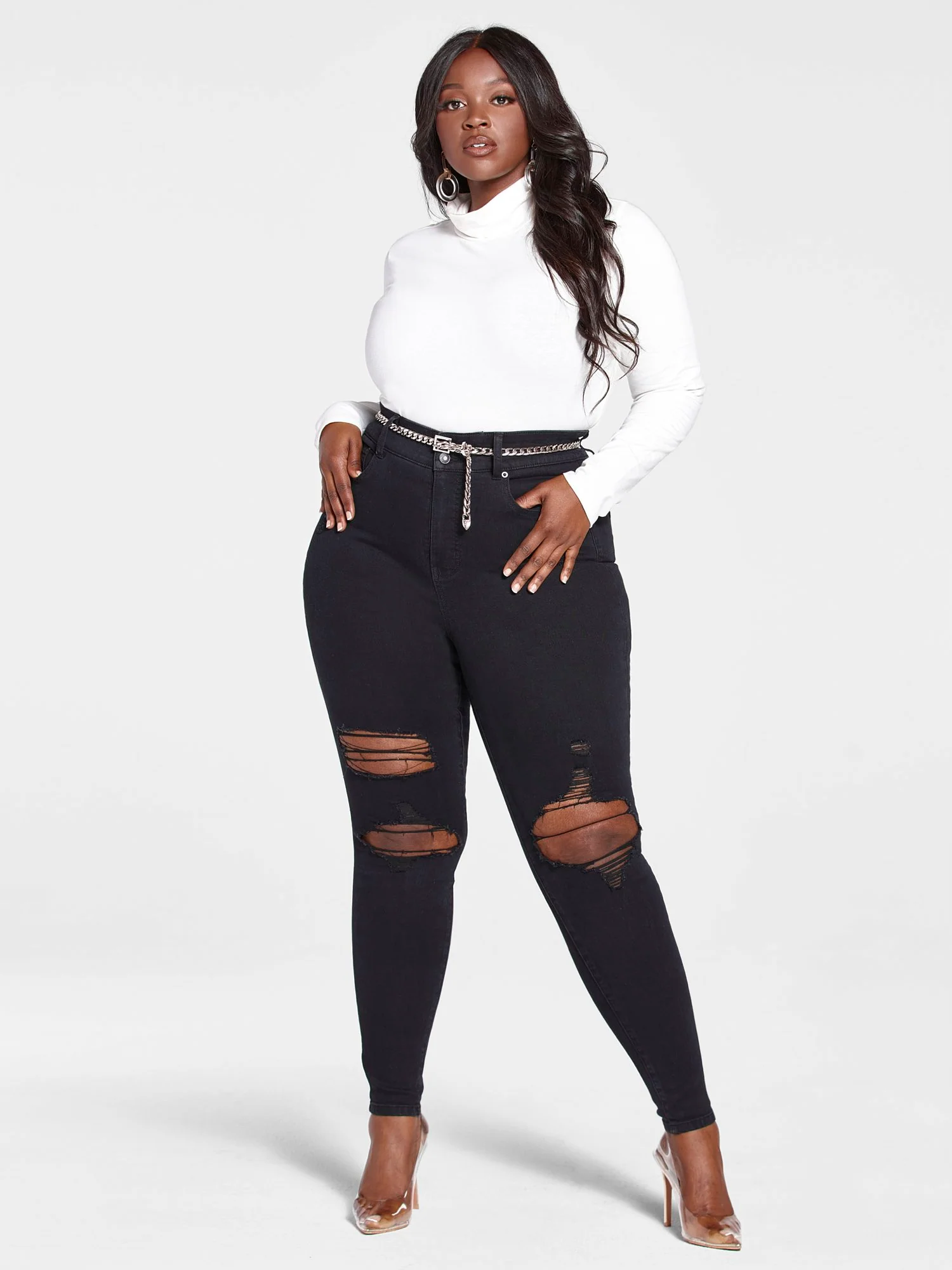 High Rise Curvy Fit Skinny Jeans with Blowout Knees - Image 5