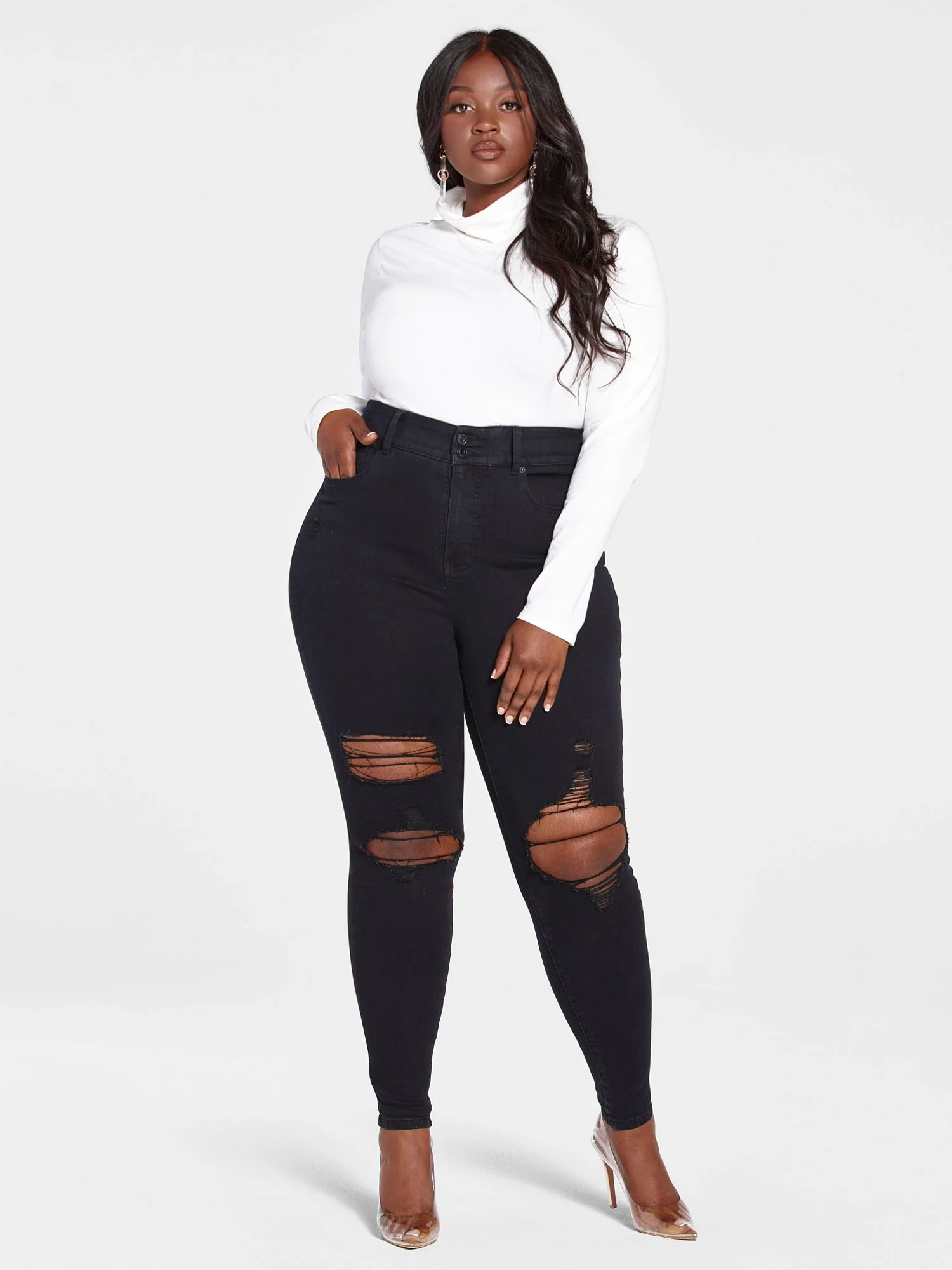 High Rise Curvy Fit Skinny Jeans with Blowout Knees - Image 6