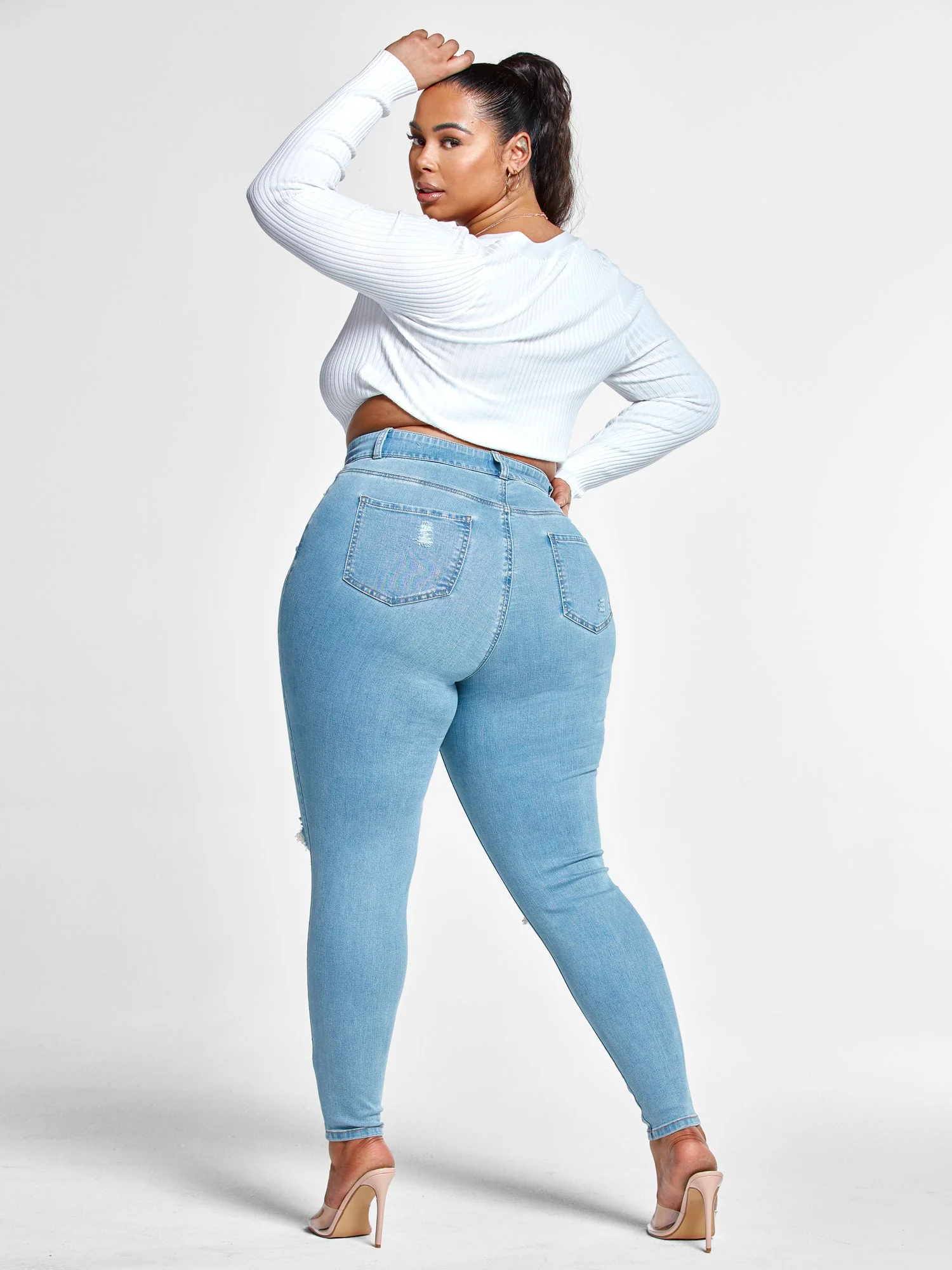 High Rise Curvy Fit Skinny Jeans with Blowout Knees - Short Inseam - Image 5