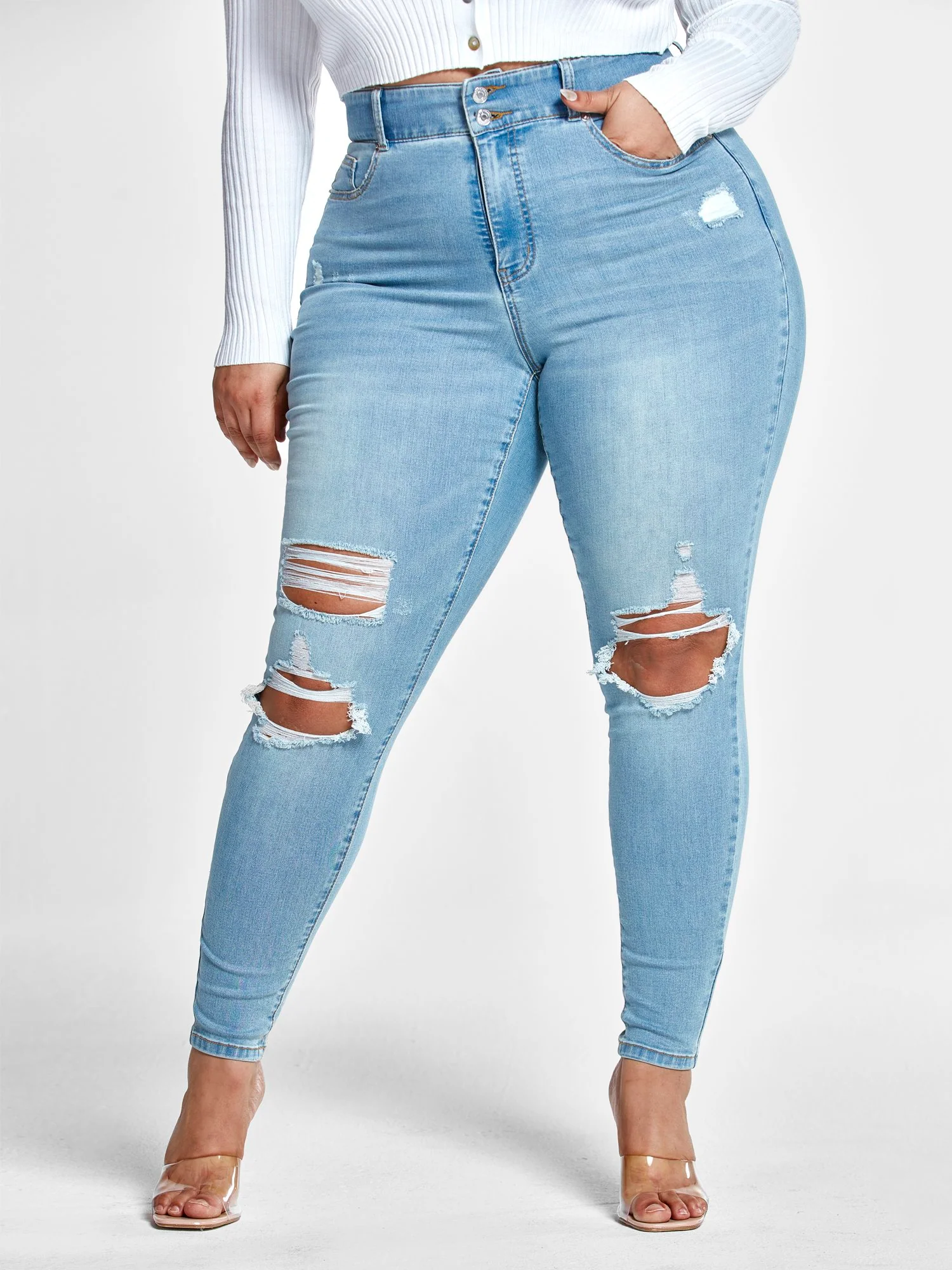 High Rise Curvy Fit Skinny Jeans with Blowout Knees - Tall Inseam - Image 2