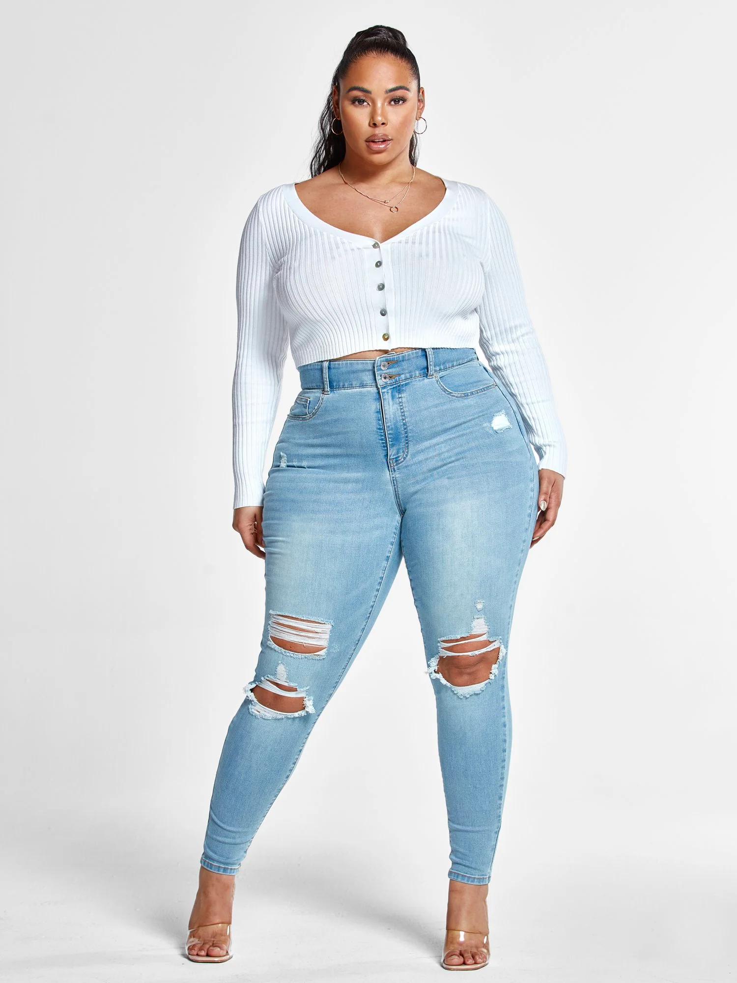High Rise Curvy Fit Skinny Jeans with Blowout Knees - Tall Inseam - Image 4