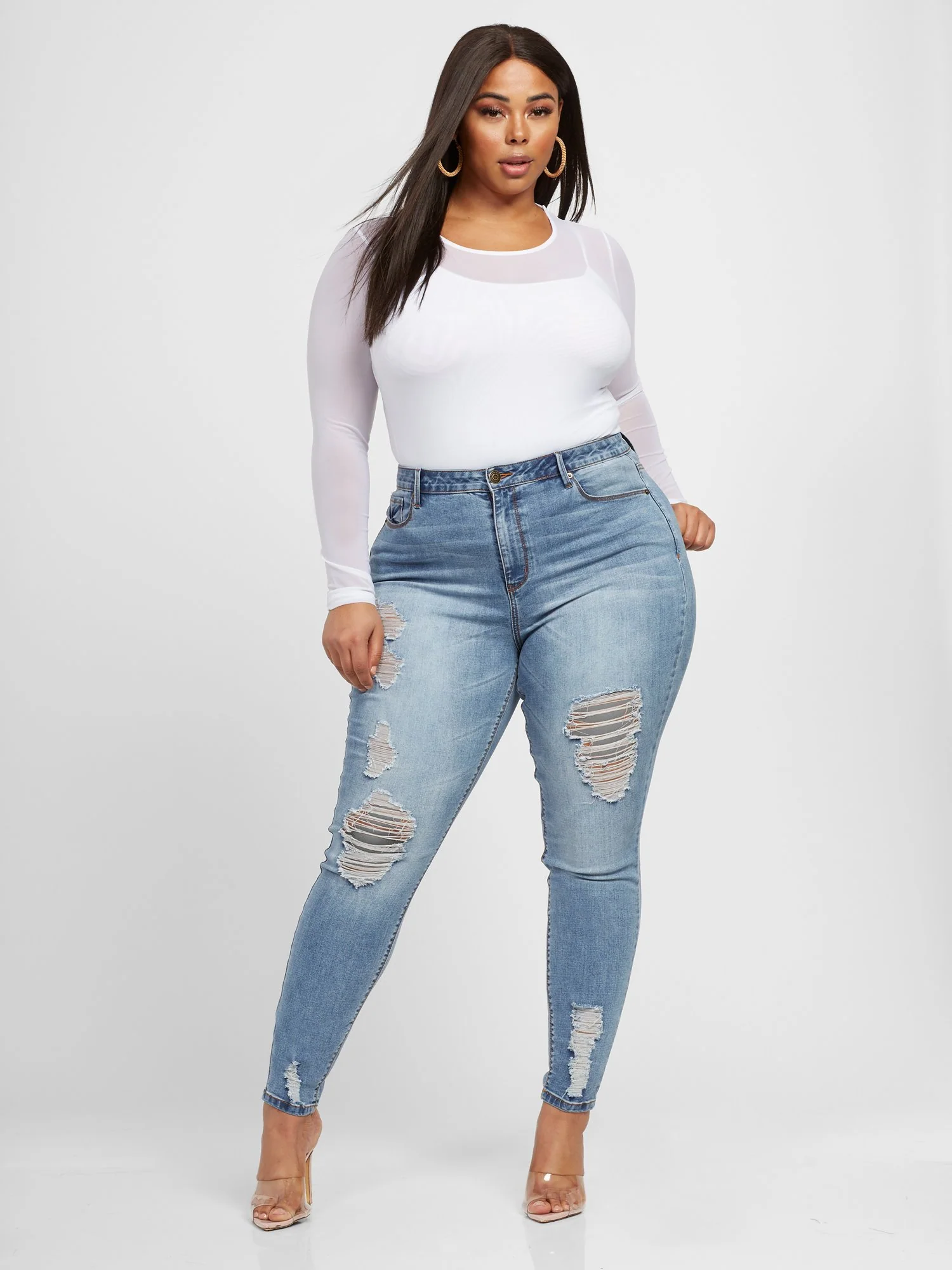 High Rise Destructed Skinny Jeans in Light Indigo - Image 5