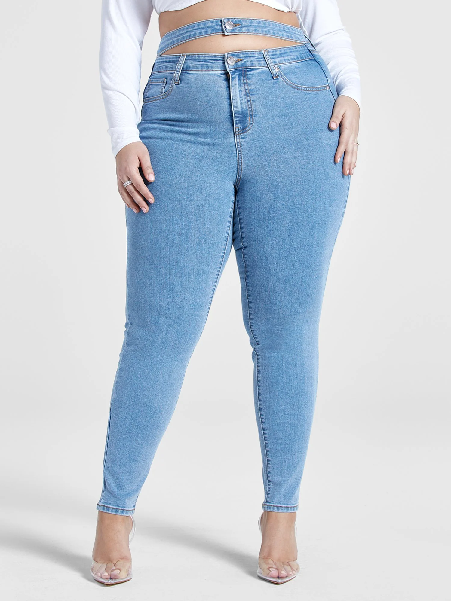High Rise Double Waistband Cutout Skinny Jeans - Image 2