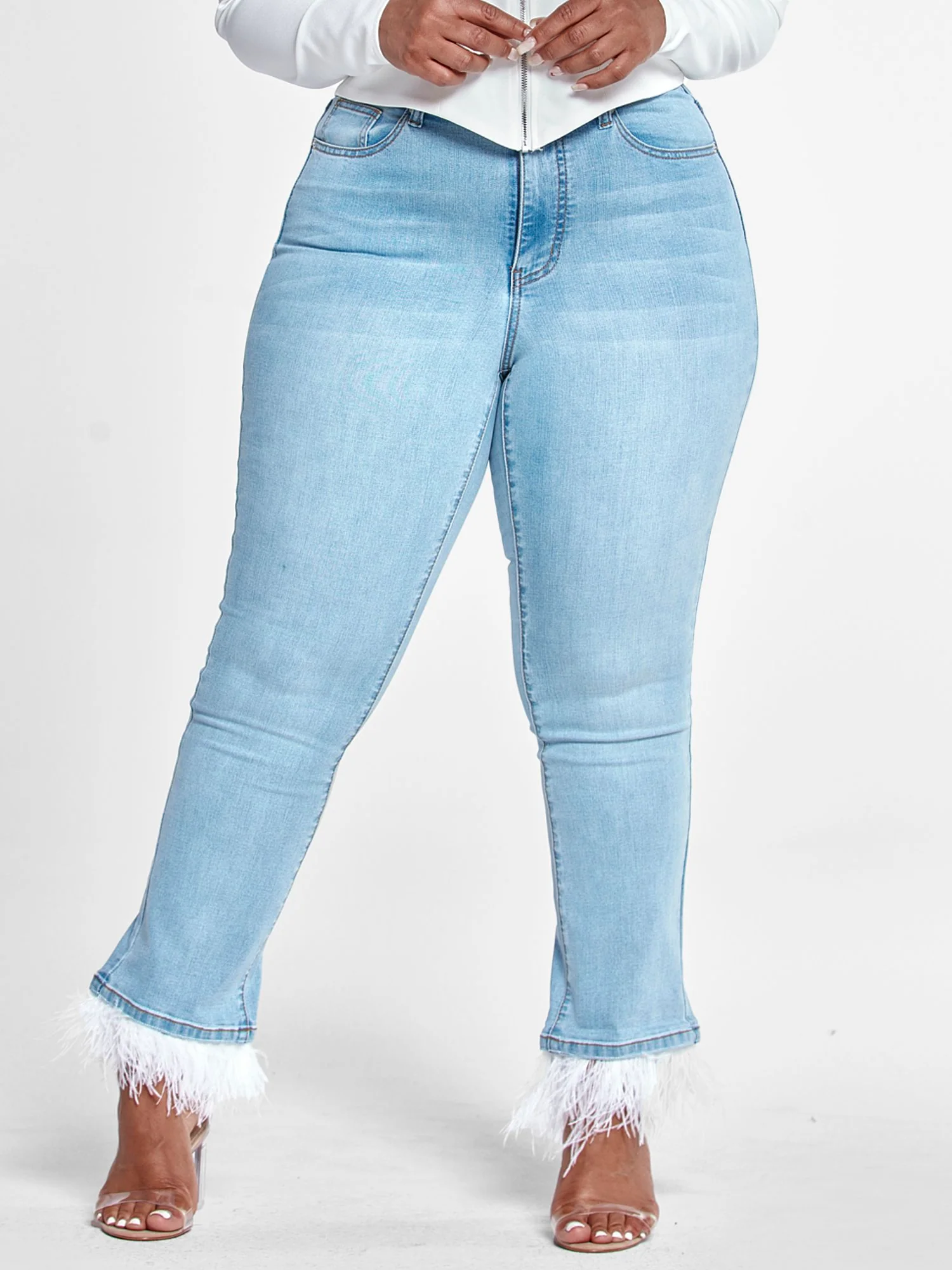 High Rise Flare Jeans with Feather Trim - Image 2