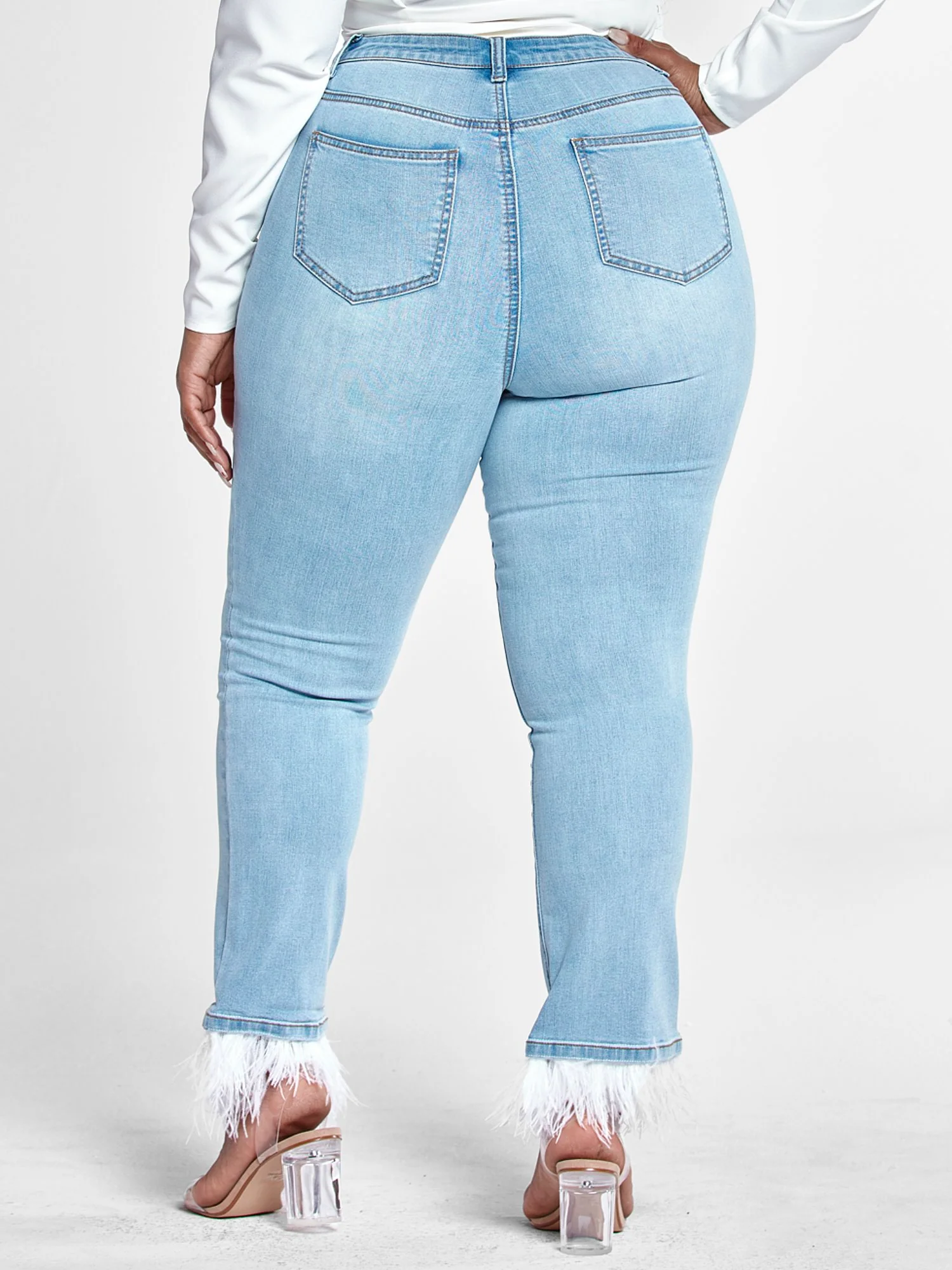 High Rise Flare Jeans with Feather Trim - Image 3
