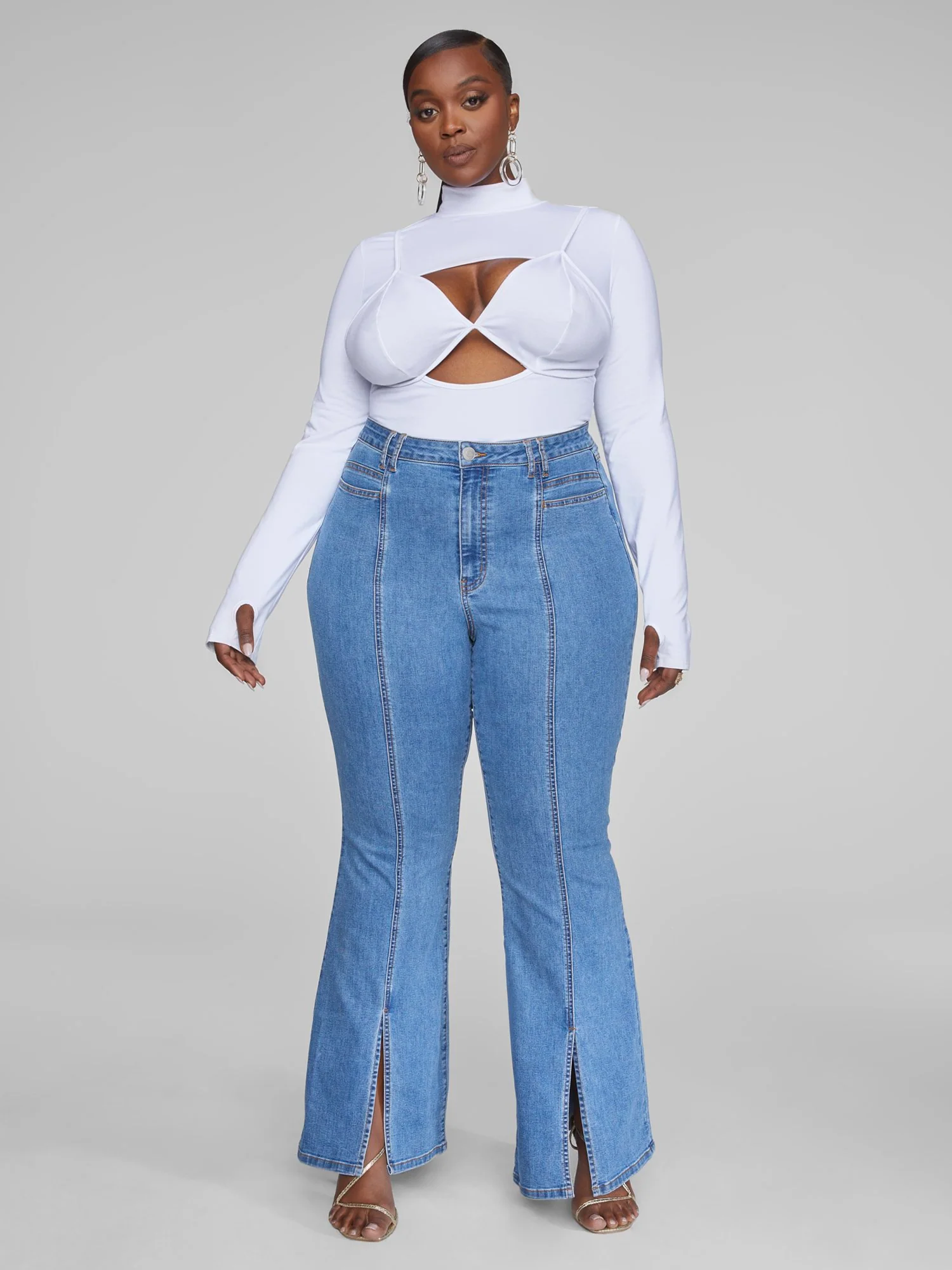 High Rise Flare Jeans with Front Slit - Image 5
