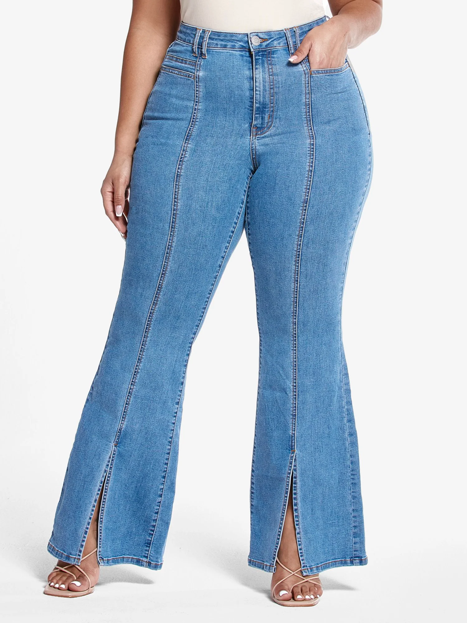 High Rise Flare Jeans with Front Slit - Short Inseam - Image 2