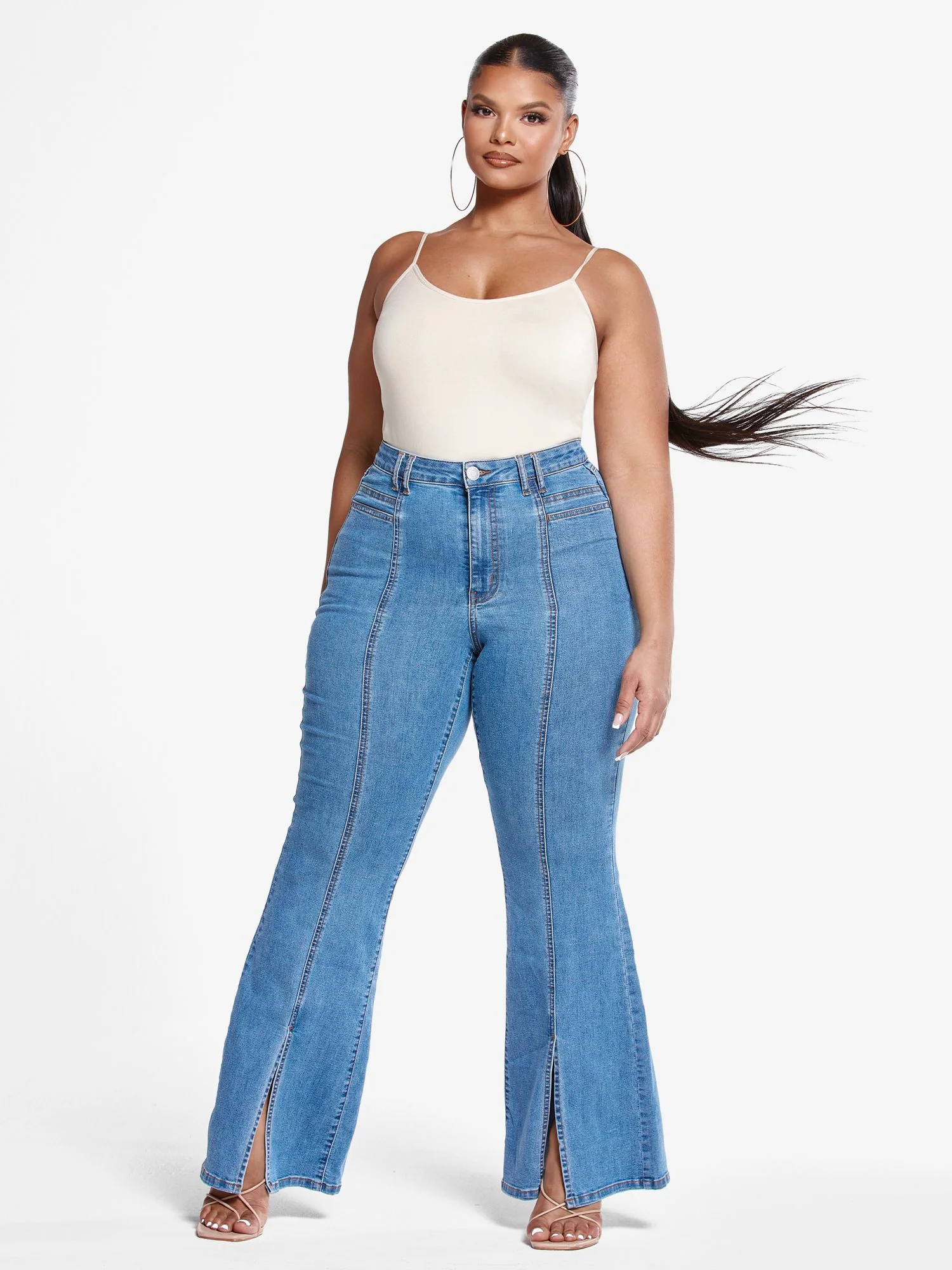 High Rise Flare Jeans with Front Slit - Short Inseam - Image 4