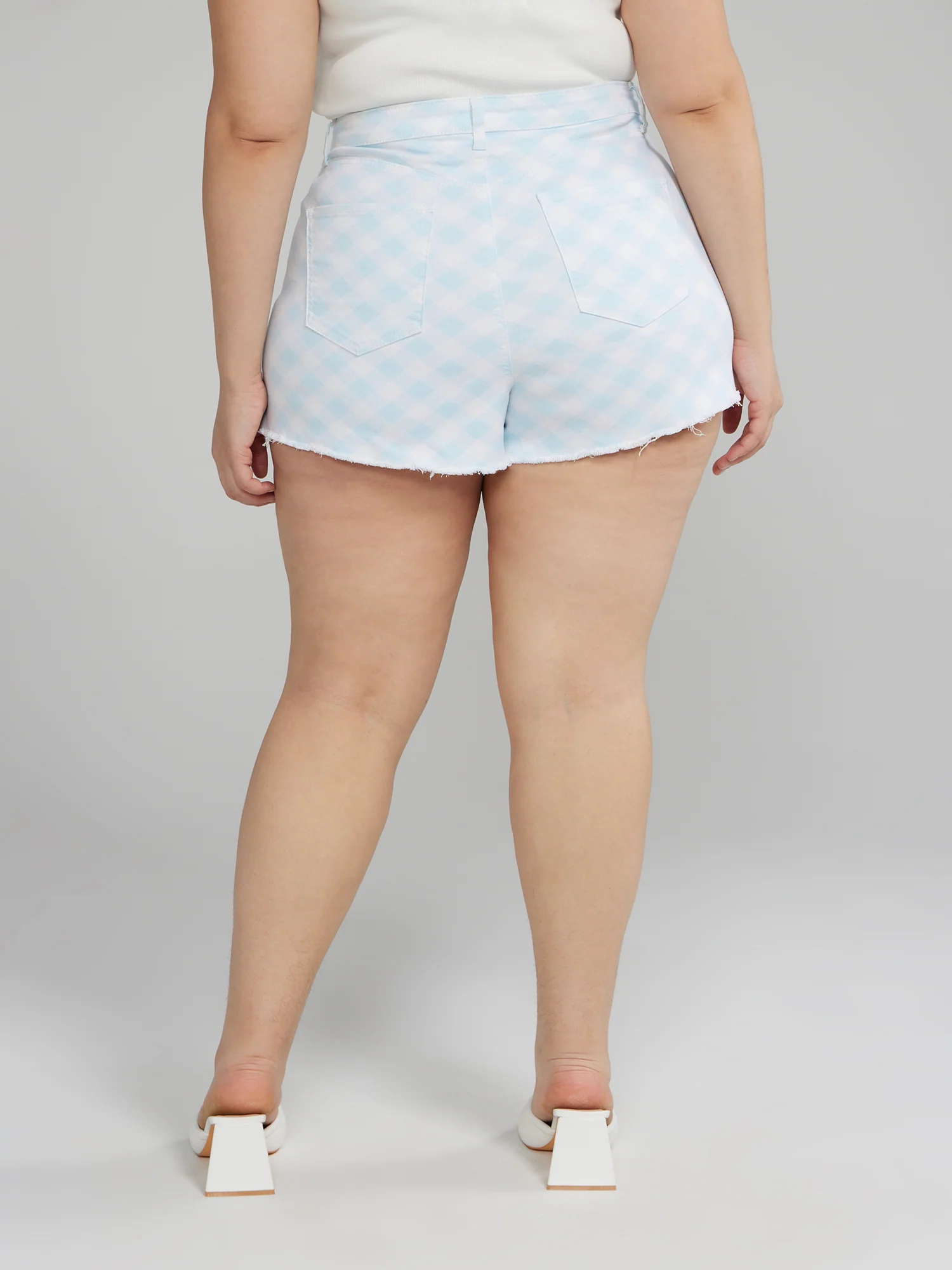 High Rise Gingham Print Denim Shorts - Image 4